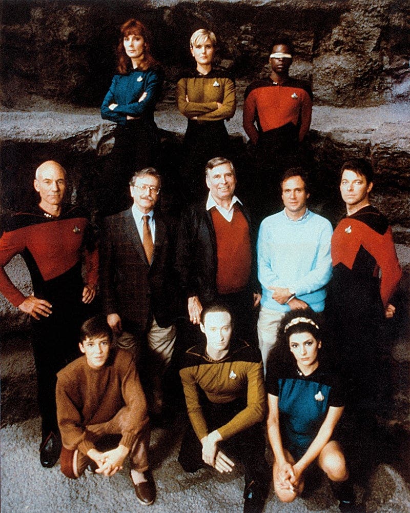 The creators and cast of TNG in a season one image.