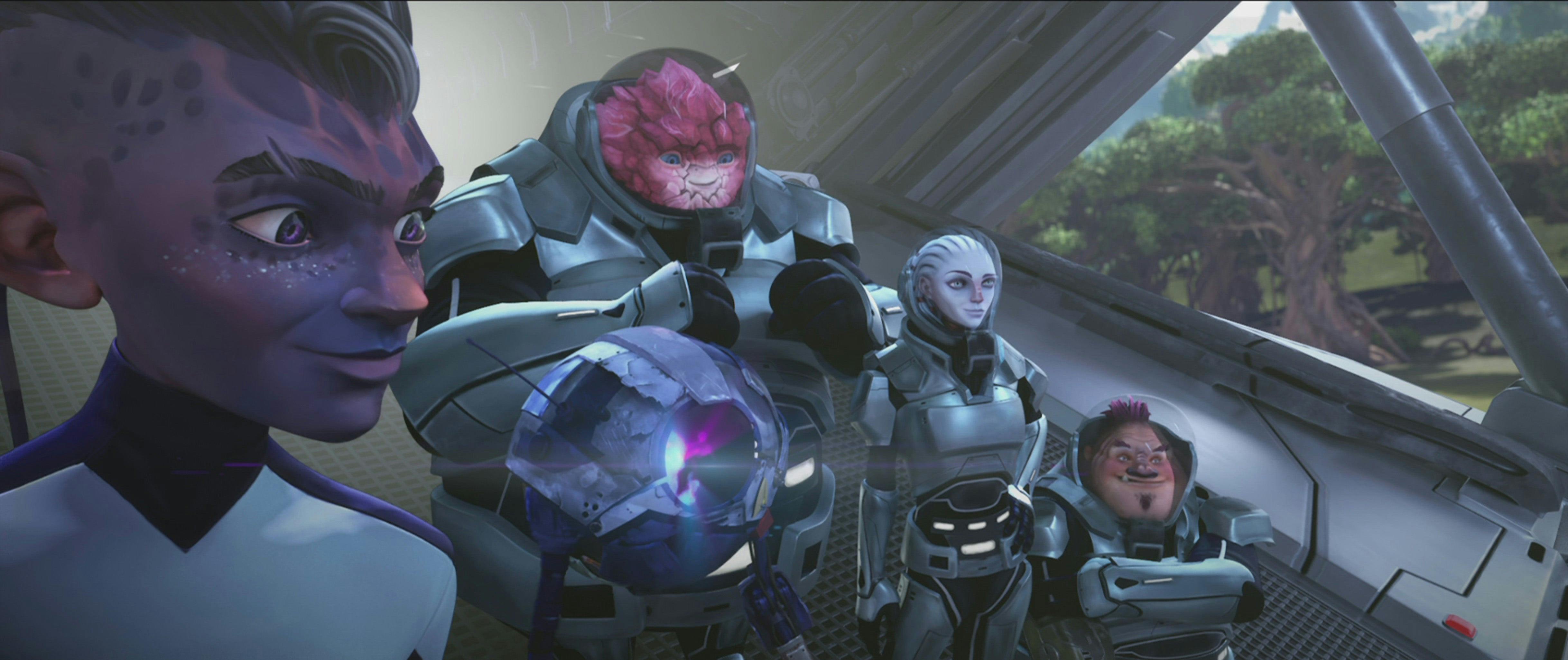Dal, Zero, Rok-Tahk, Gwyn, and Jankom Pog smile and look at the Protostar's view screen onto the planet on Star Trek: Prodigy