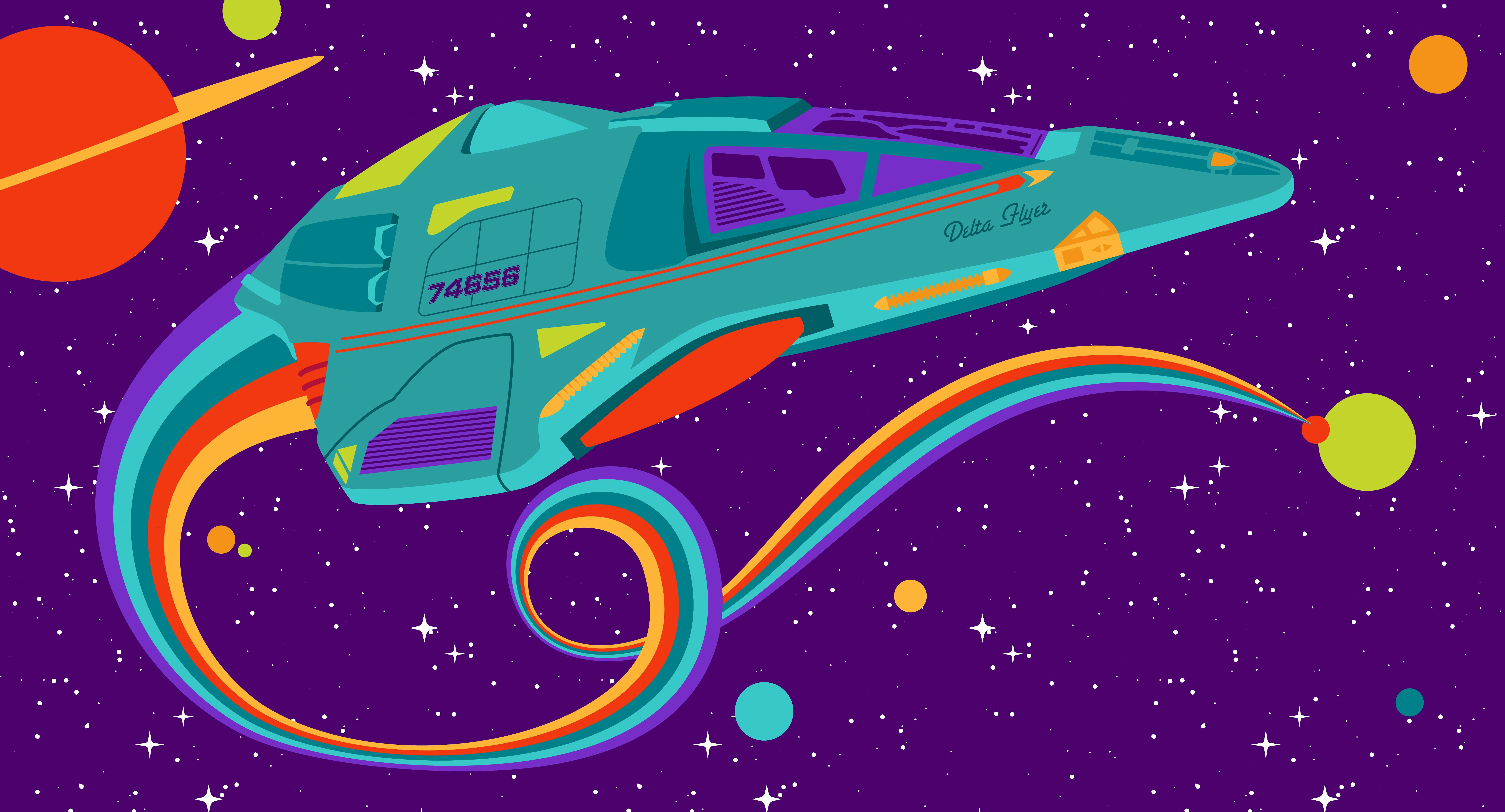 An illustrated version of the Delta Flyer soars against a purple background.