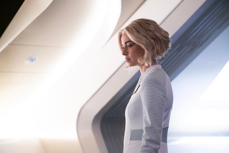 Side profile of Nurse Christine Chapel who looks downward in &#x27;Charades&#x27;