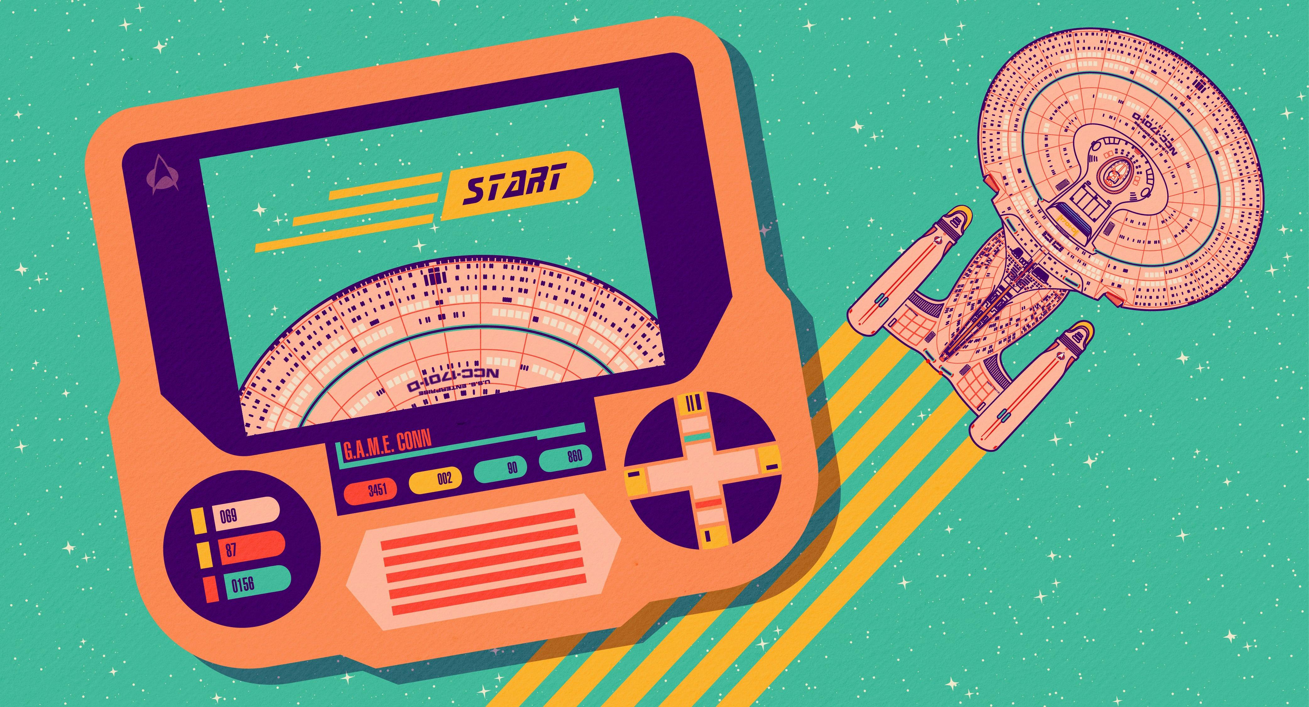 Illustrated graphic of a handheld game console with 'Start' on the screen and the Enterprise heading into warp behind it