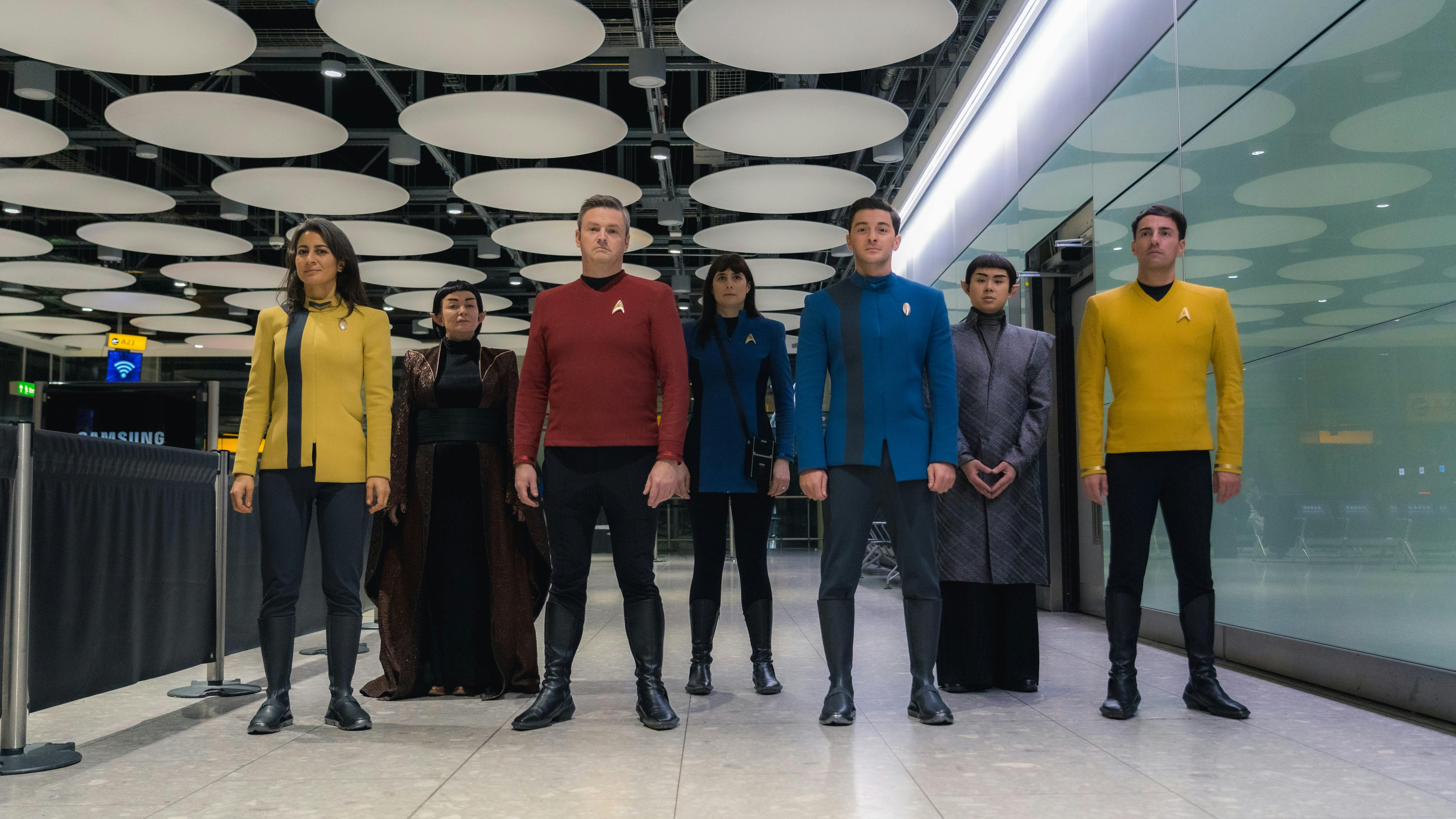 British Airways employees dressed as Star Trek Starfleet passengers at Heathrow Airport