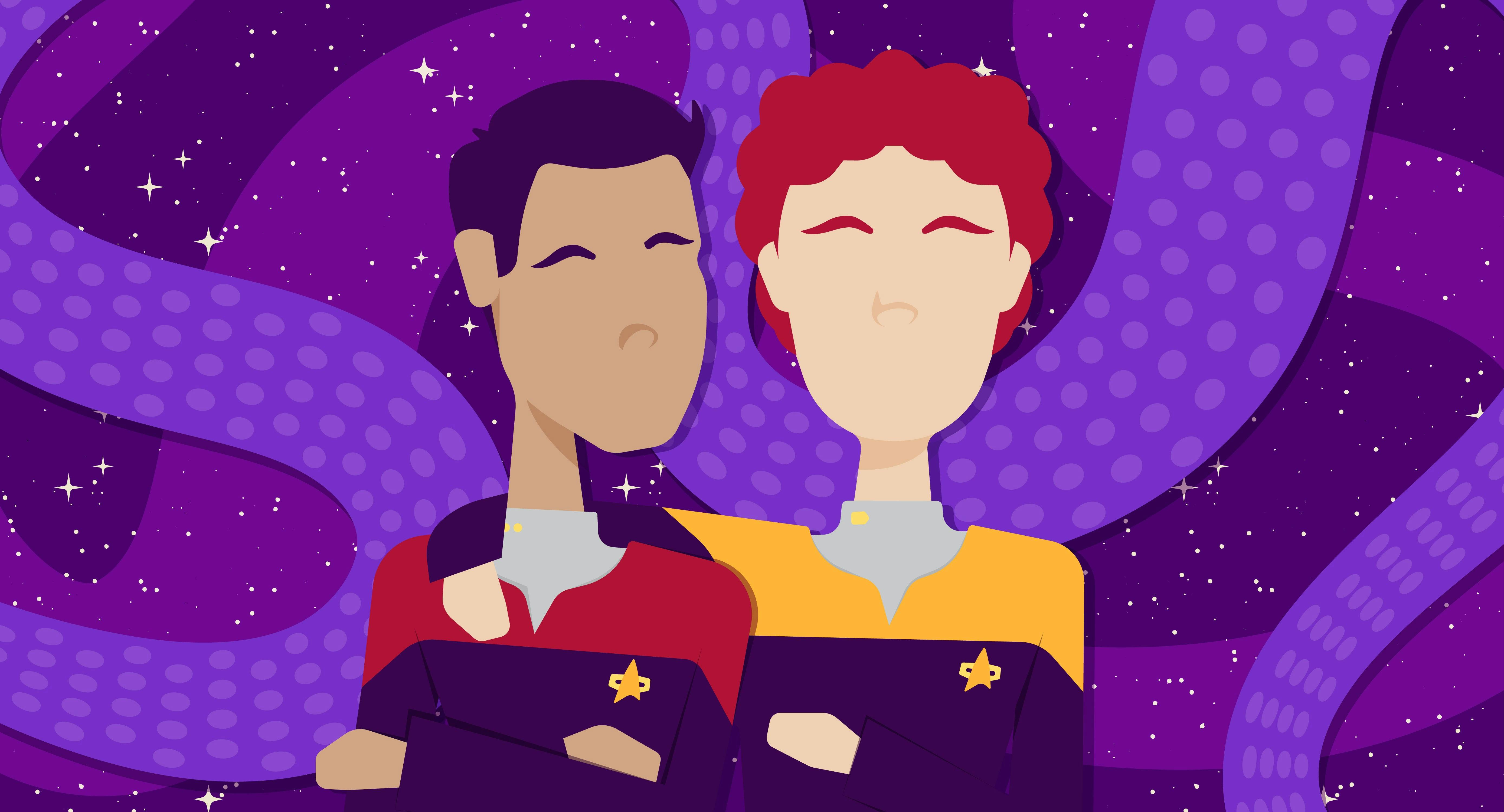 Illustrated art featuring Julian Bashir with Miles O'Brien's arm around his shoulder