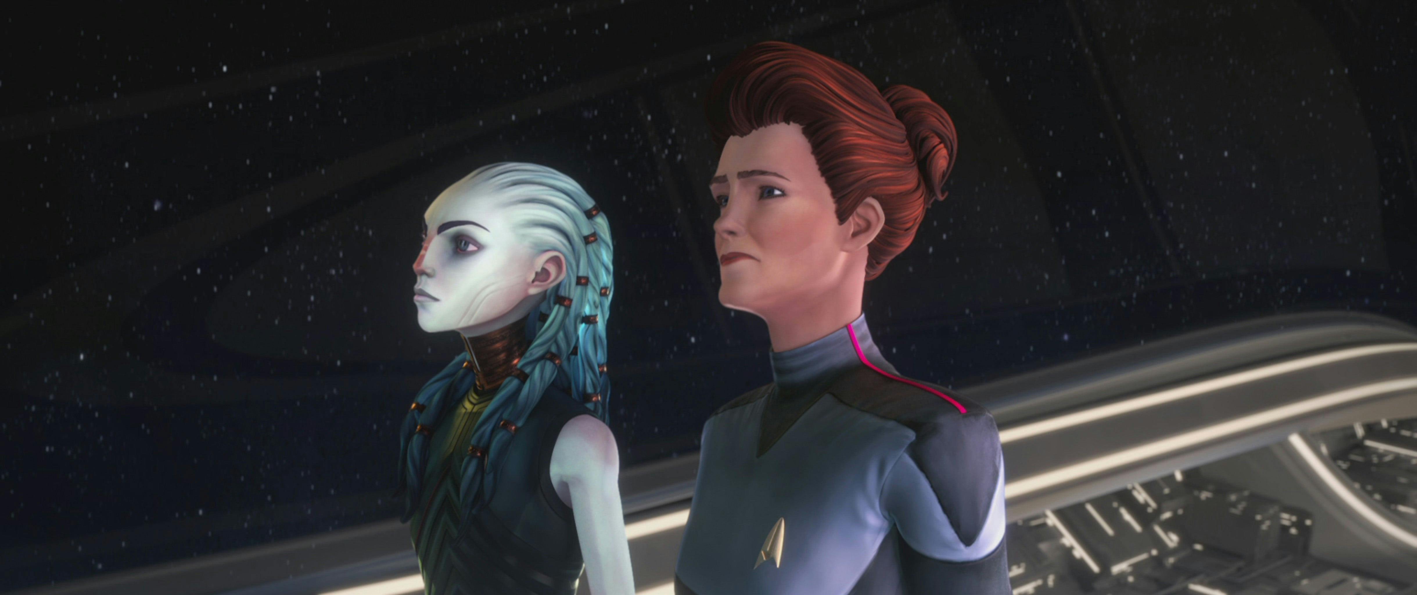 Gwyn and Holo-Janeway look off at the viewscreen on Star Trek: Prodigy