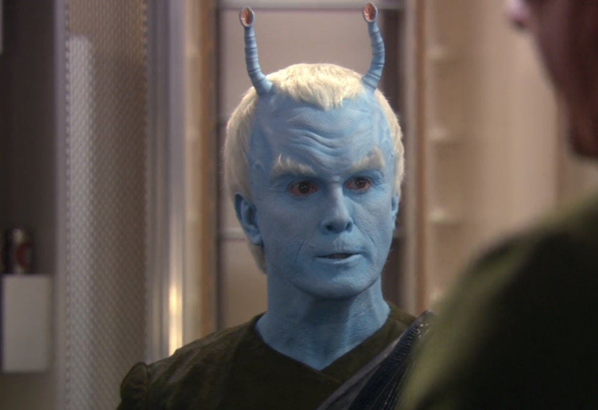 Close-up of Shran's face