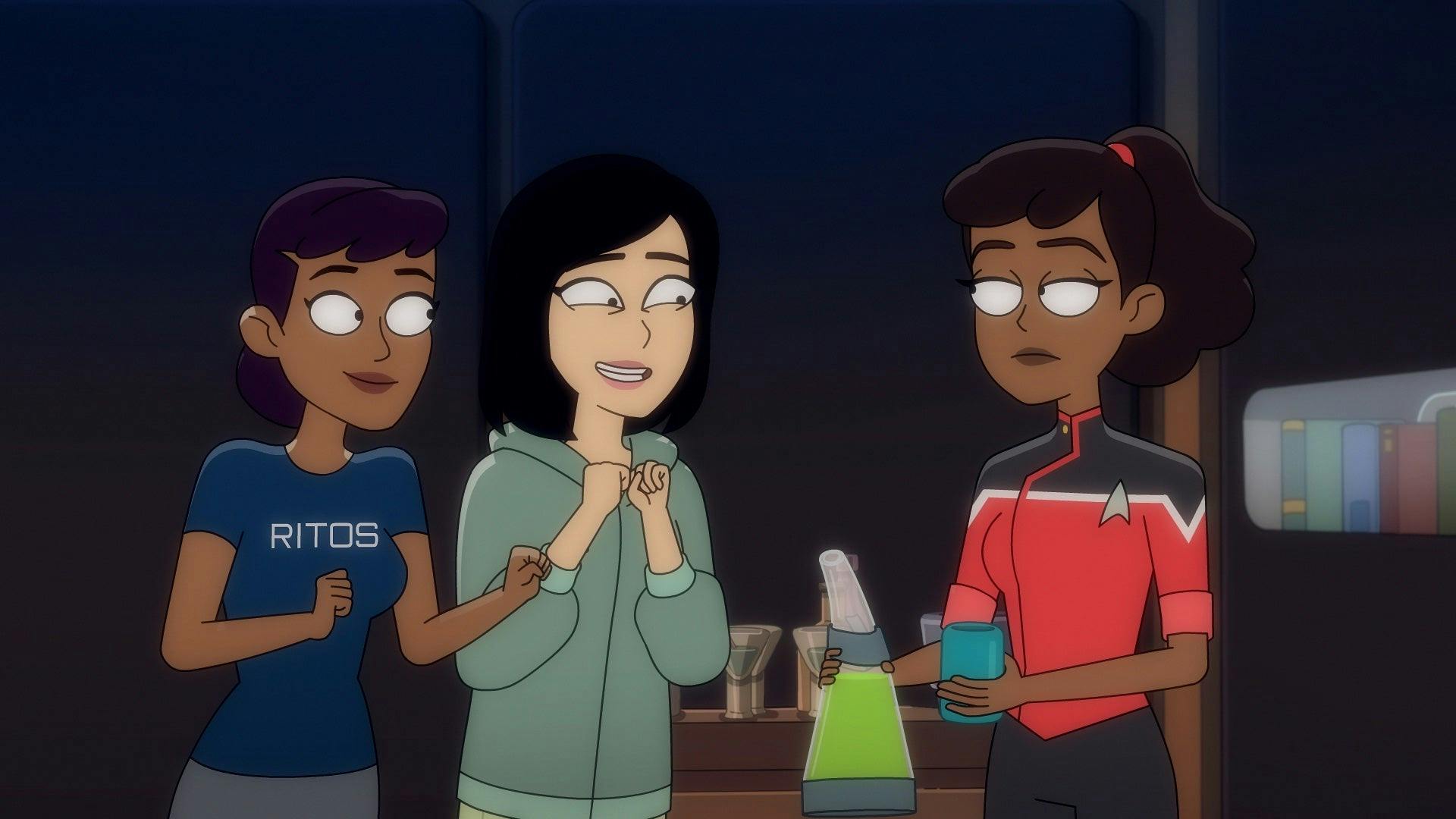 Two of Jennifer's friends talk excitedly to Mariner, who is holding a bottle of alcohol.