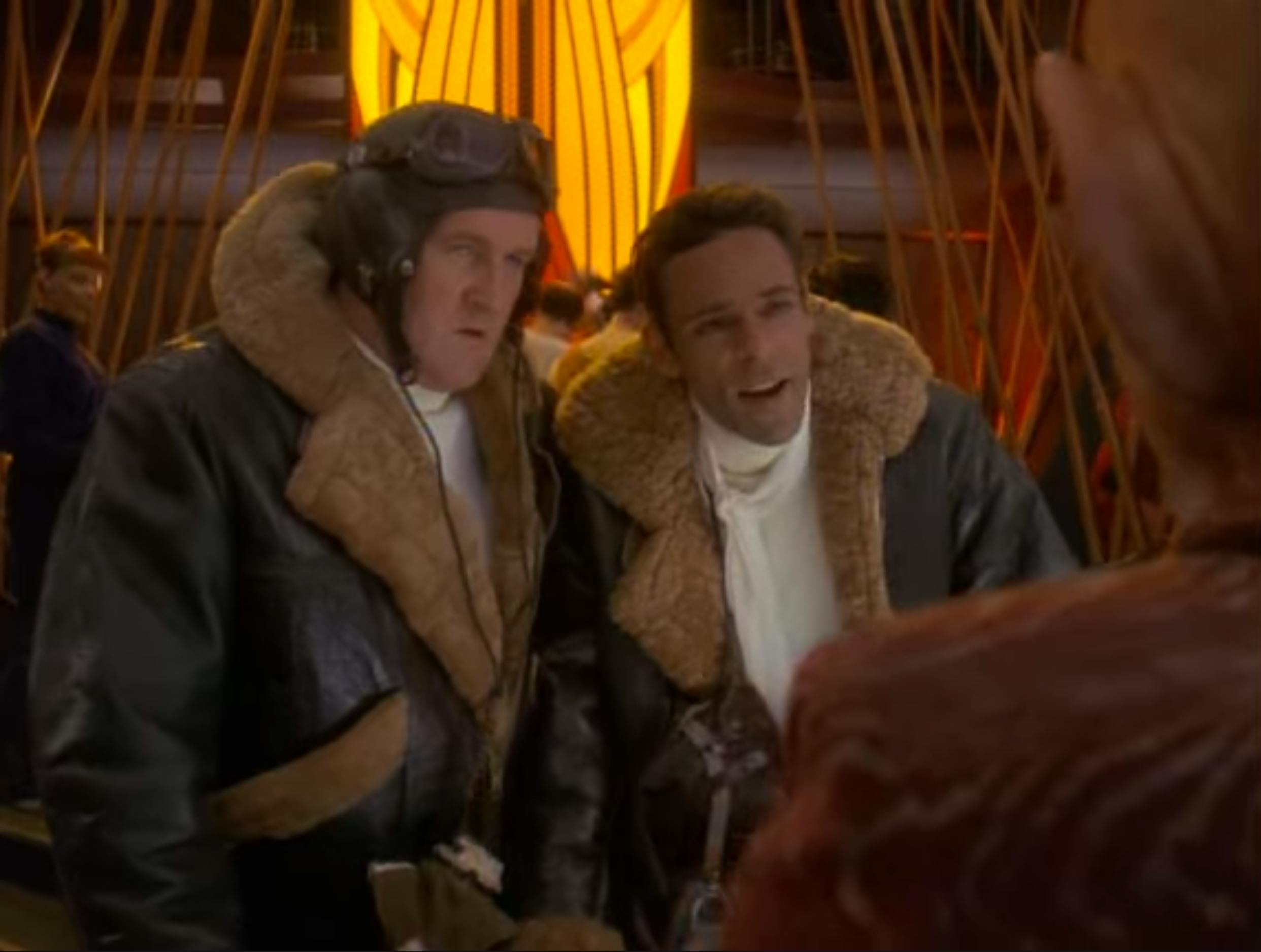 Miles and Julian in aviator clothes after a visit to the Holosuite on Star Trek: Deep Space Nine