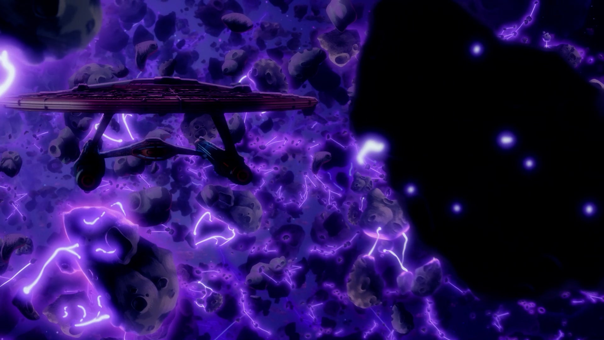 The U.S.S. Cerritos flying amidst the debris field in the season two finale of Star Trek: Lower Decks