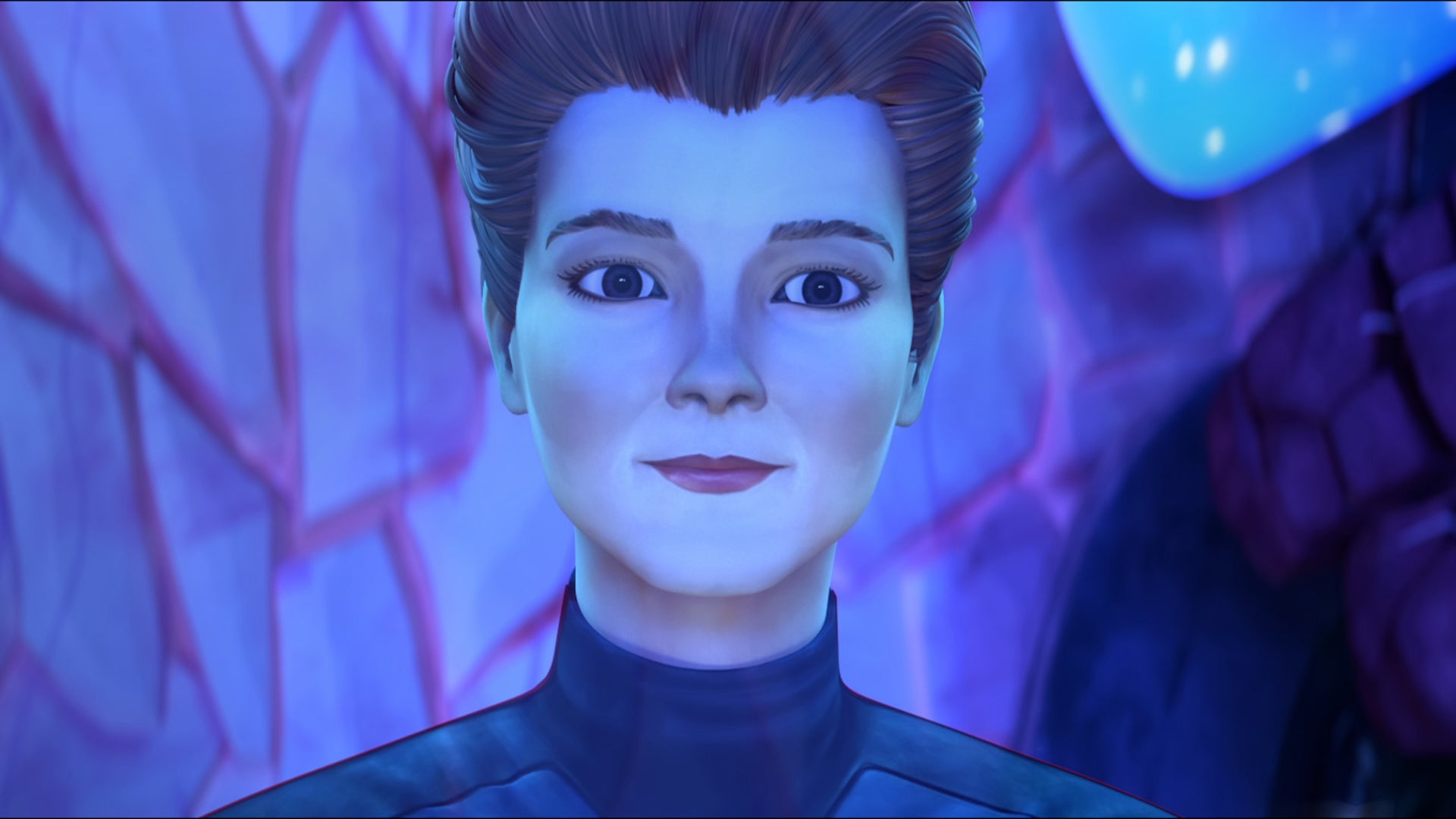 Close-up of Holo-Janeway during her final message to the Protostar crew on Star Trek: Prodigy