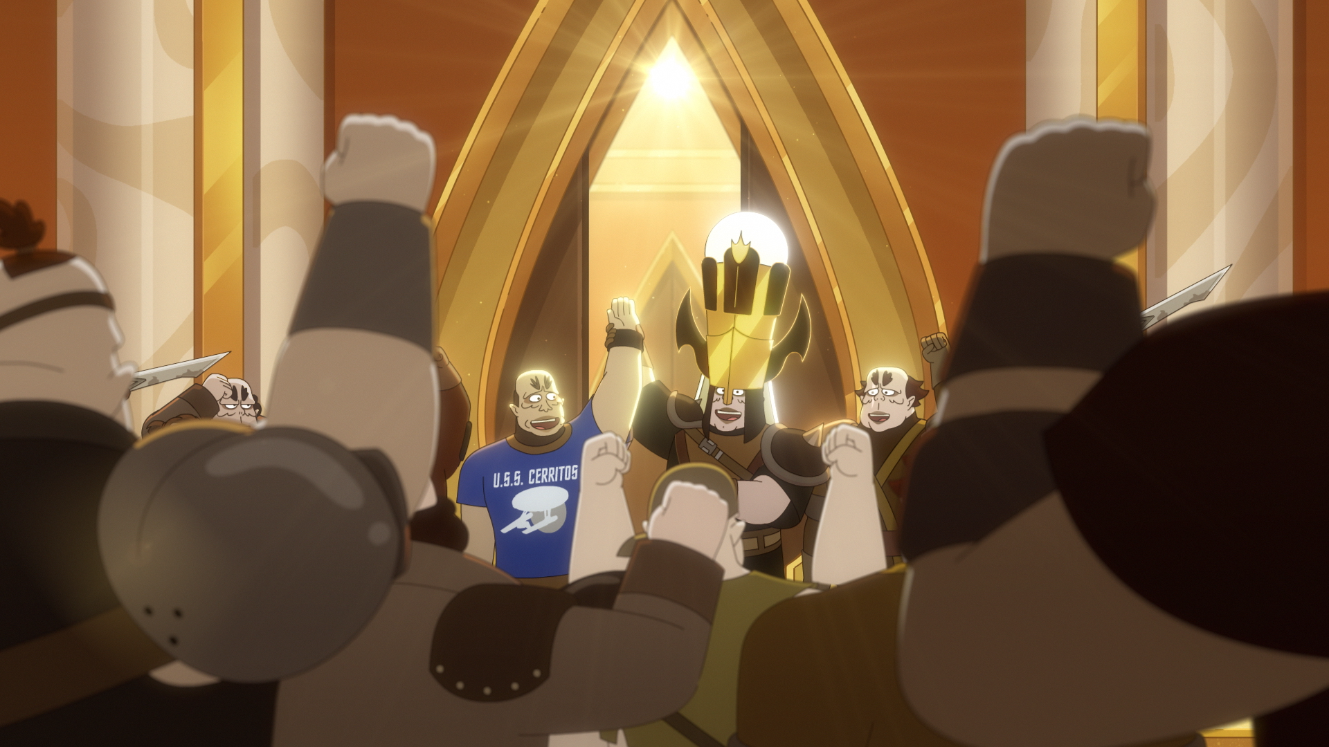 The Pakleds celebrate in this still from Star Trek: Lower DEcks