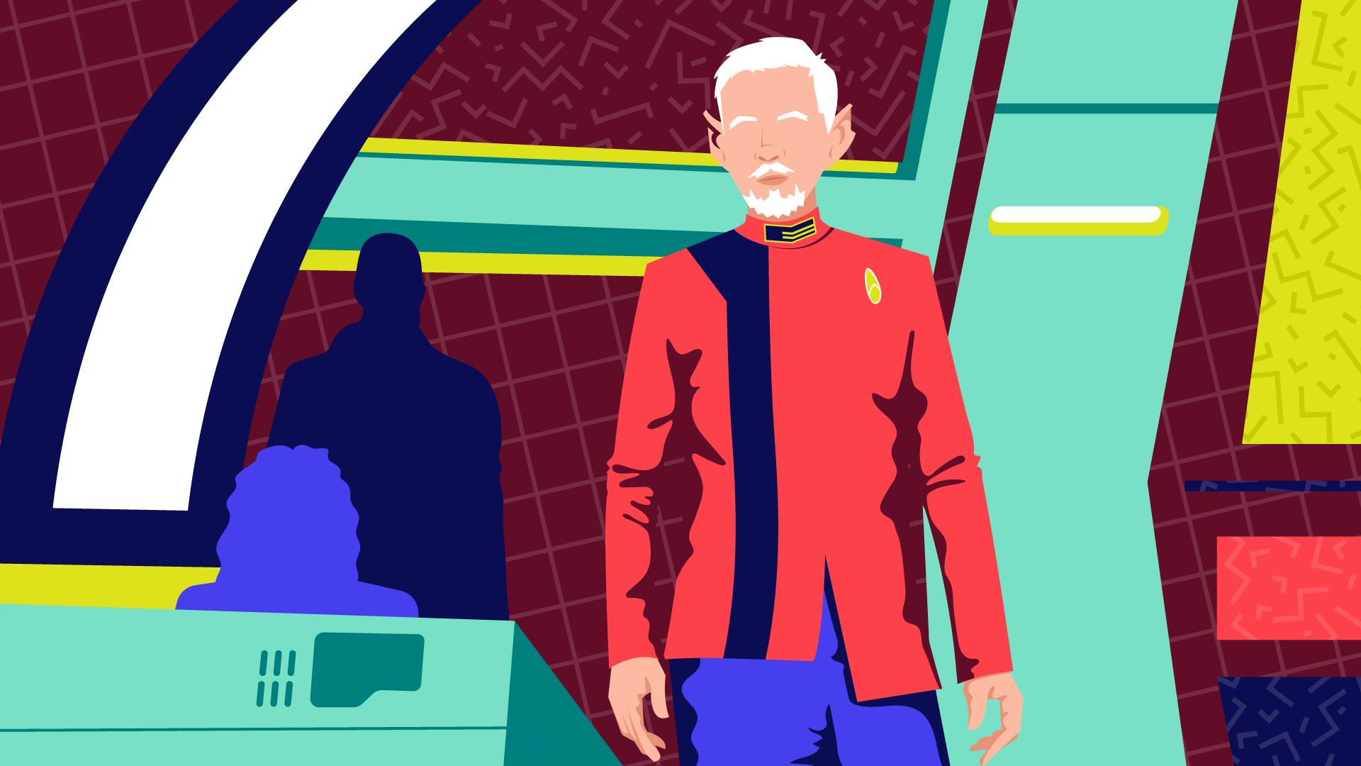 Graphic illustration of Rayner standing on the bridge of the U.S.S. Discovery in 'Lagrange Point'