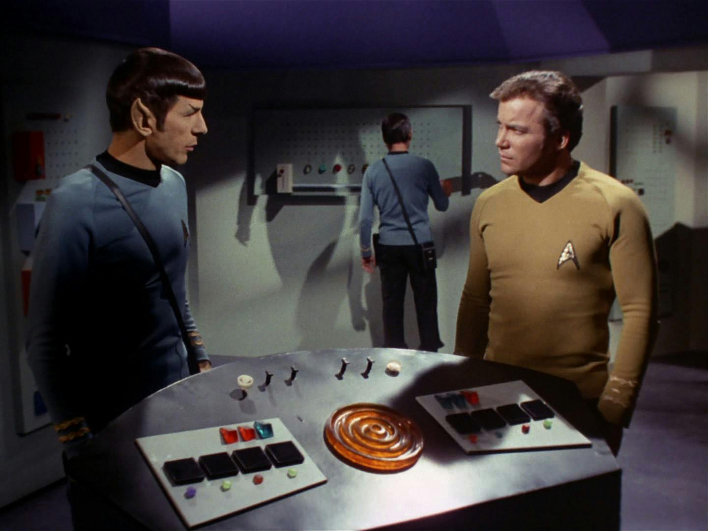 Spock, McCoy, and Kirk beam aboard Memory Alpha in 'The Lights of Zetar'