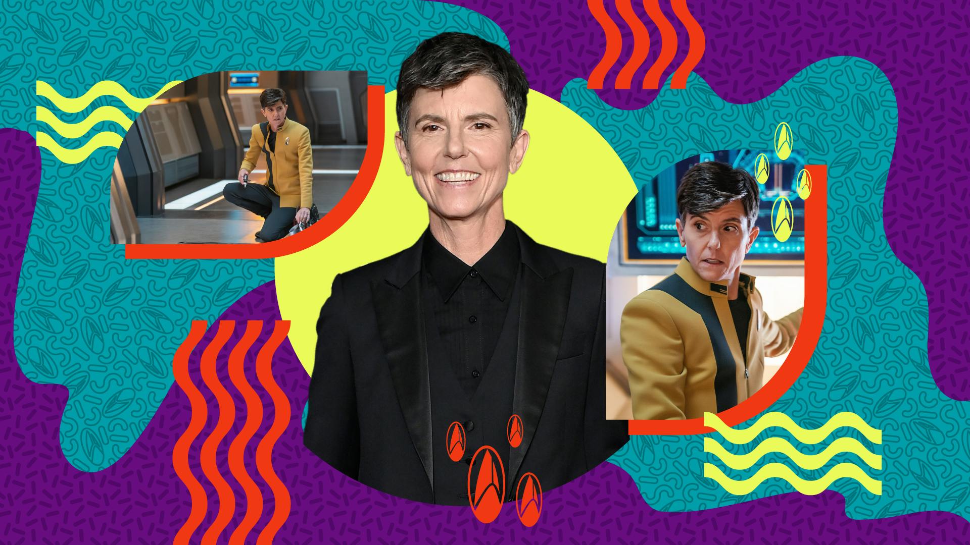 Graphic illustrated texture background with image of Tig Notaro and episodic stills of her character Jett Reno on Star Trek: Discovery