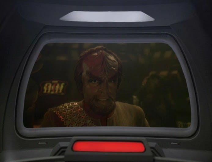 Worf appears on the Defiant viewscreen to apologize for being late with Klingon reinforcements in 'Sacrifice of Angels'