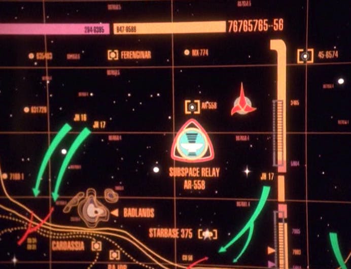 Close-up of the Badlands and Carassia space on a LCARs screen in 'When It Rains...'