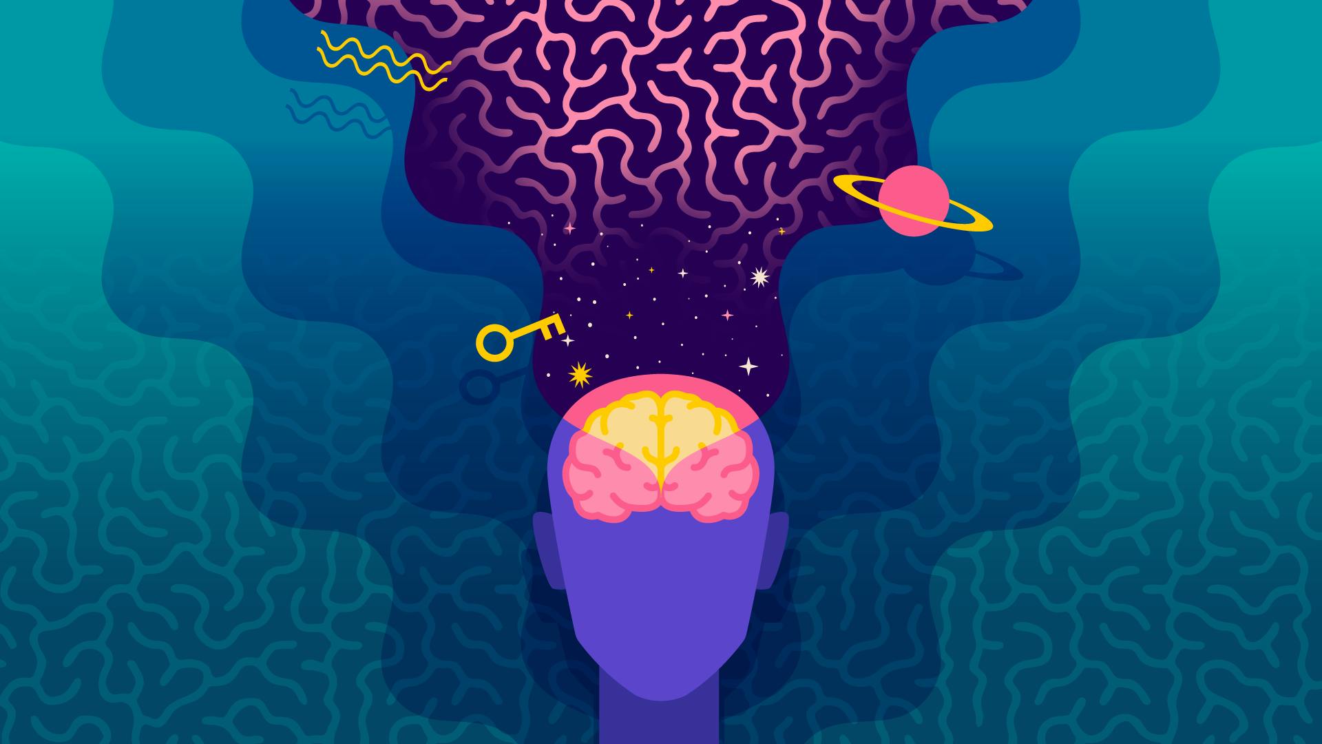 Graphic illustration of a mind  with a key and a planet with a ring