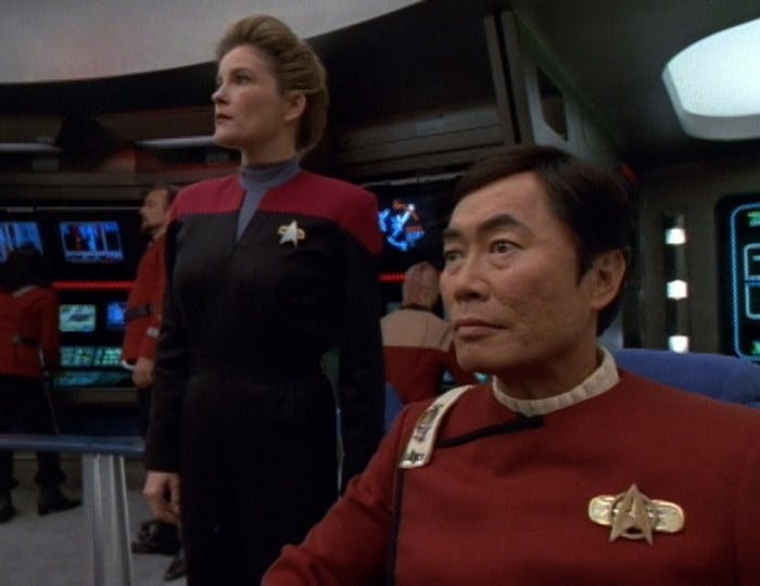 Via a mind meld with Tuvok, Captain Janeway can experience his time serving under Captain Hikaru Sulu in 'Flashback'