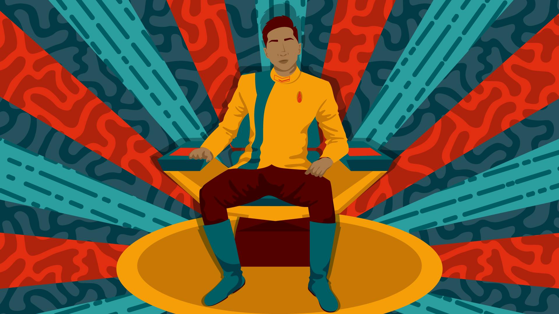 Graphic illustration of Patrick Kwok-Choon as Gen Rhys taking the center seat on Star Trek: Discovery