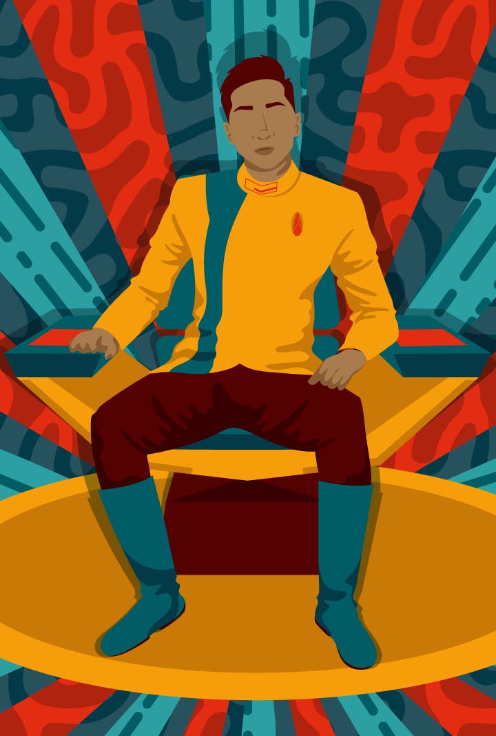 Graphic illustration of Patrick Kwok-Choon as Gen Rhys taking the center seat on Star Trek: Discovery