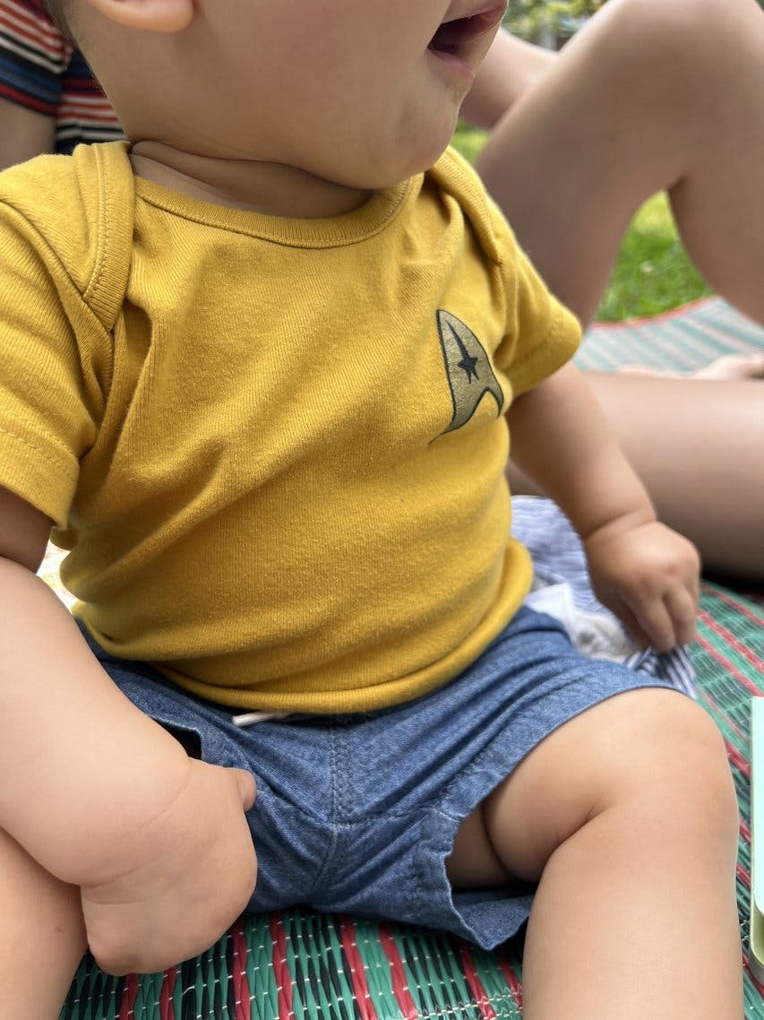 Patrick Kwok-Choon's baby wearing a Star Trek baby shirt