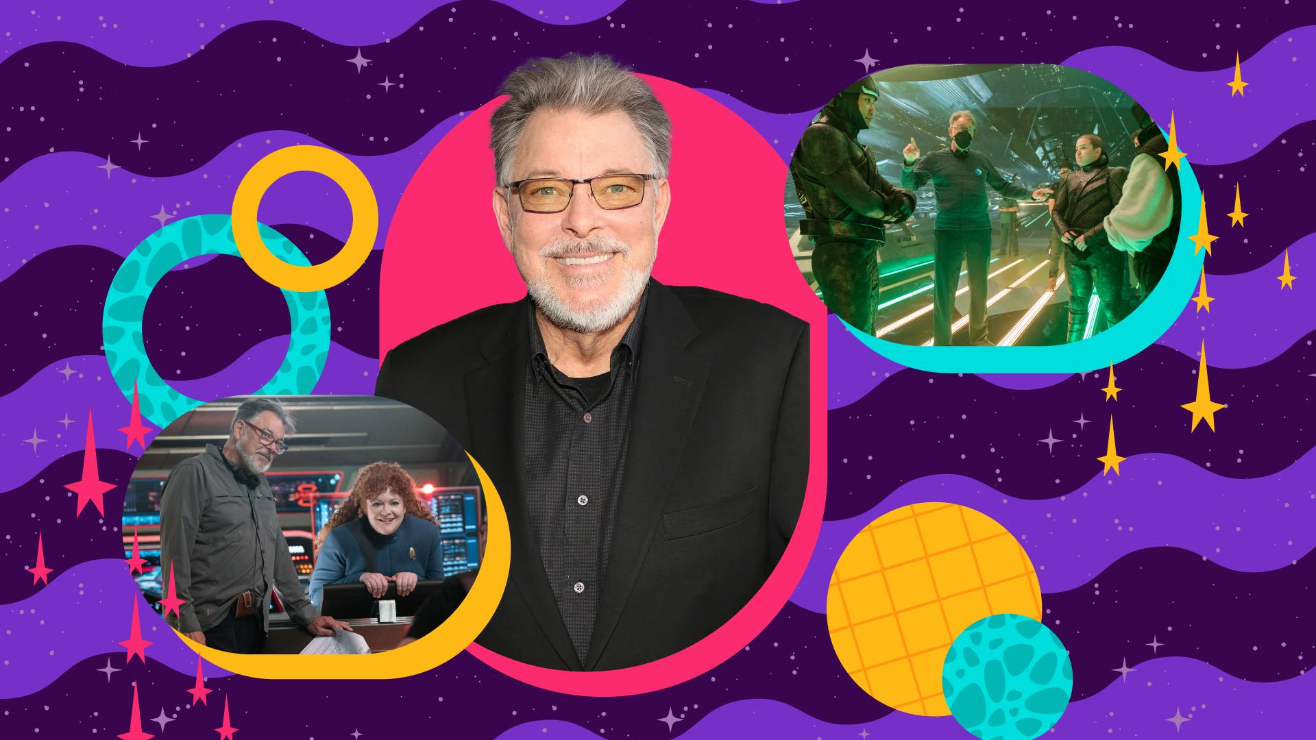 Graphic illustration featuring Star Trek legend Jonathan Frakes and behind-the-scenes on the set of 'Lagrange Point'