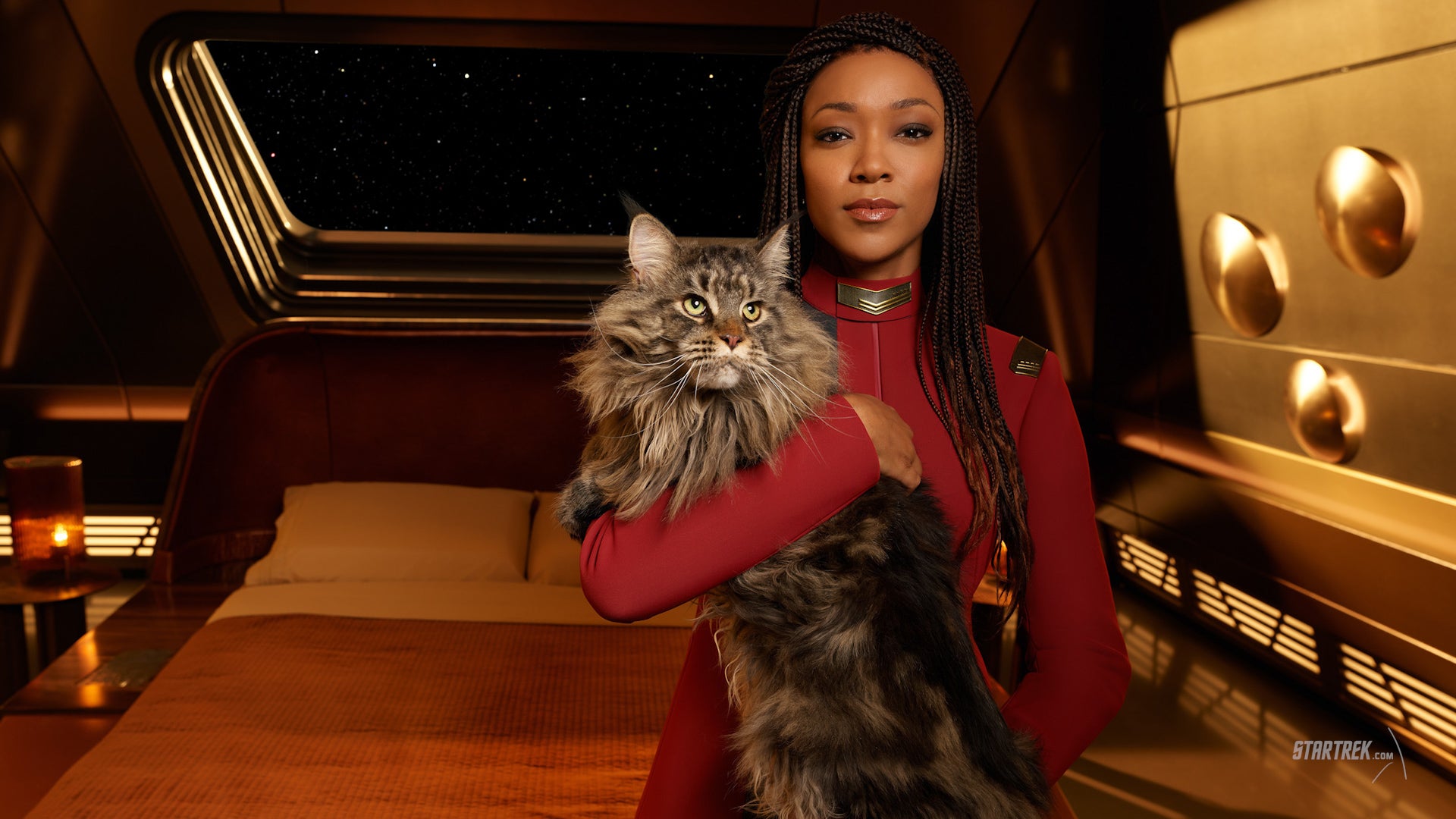 Sonequa Martin-Green as Captain Burnham, holding Grudge the cat.