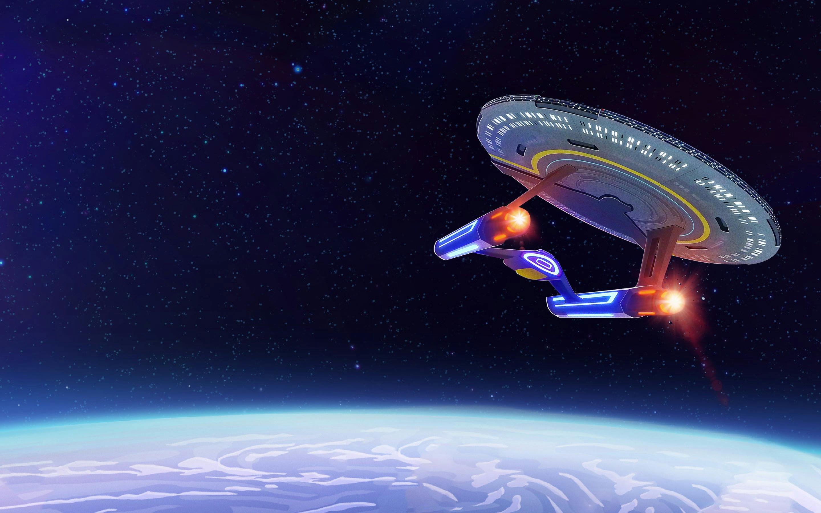 The U.S.S. Cerritos NCC-75567 flies above a planet below