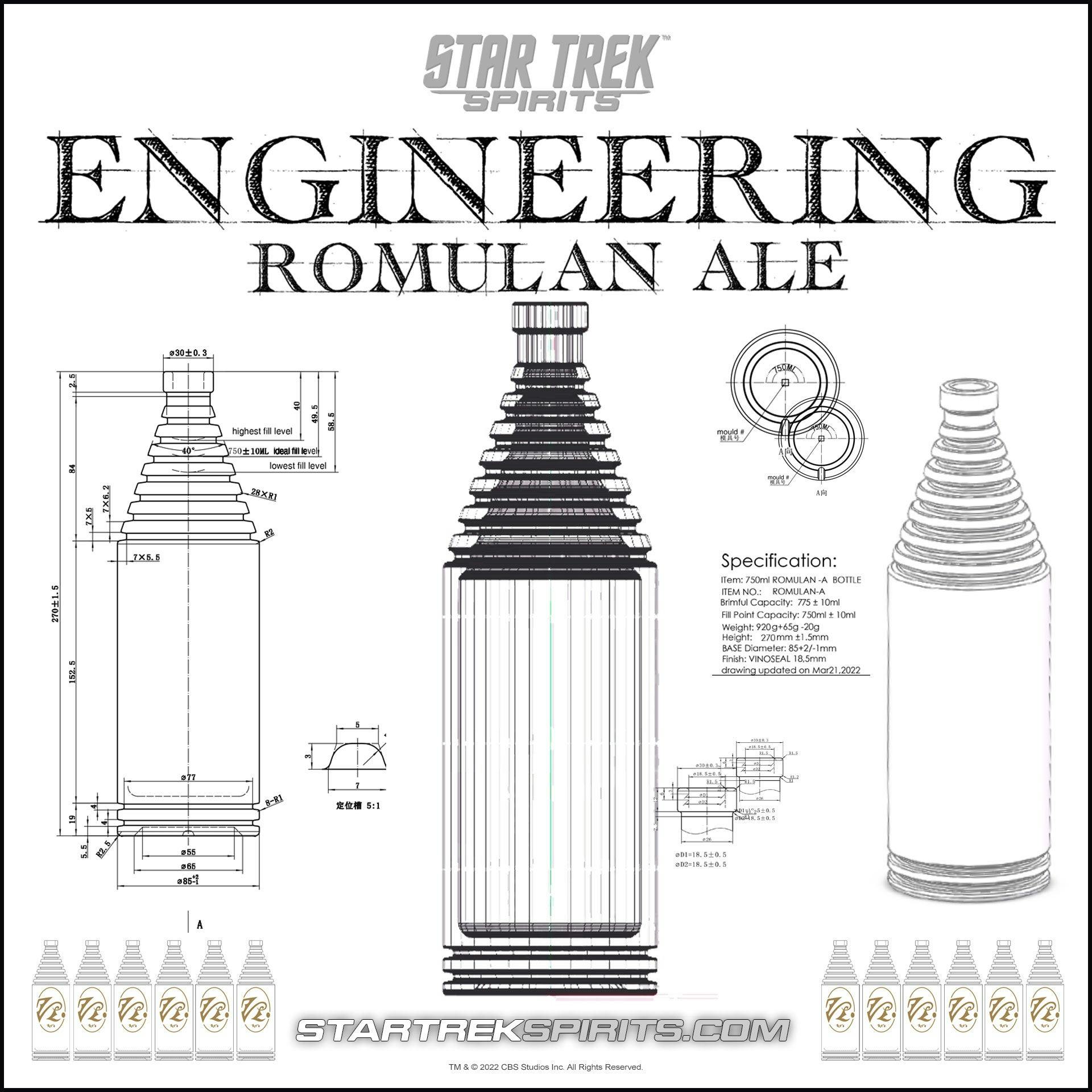 Schematics of engineering Wines That Rock's Romulan Ale bottles