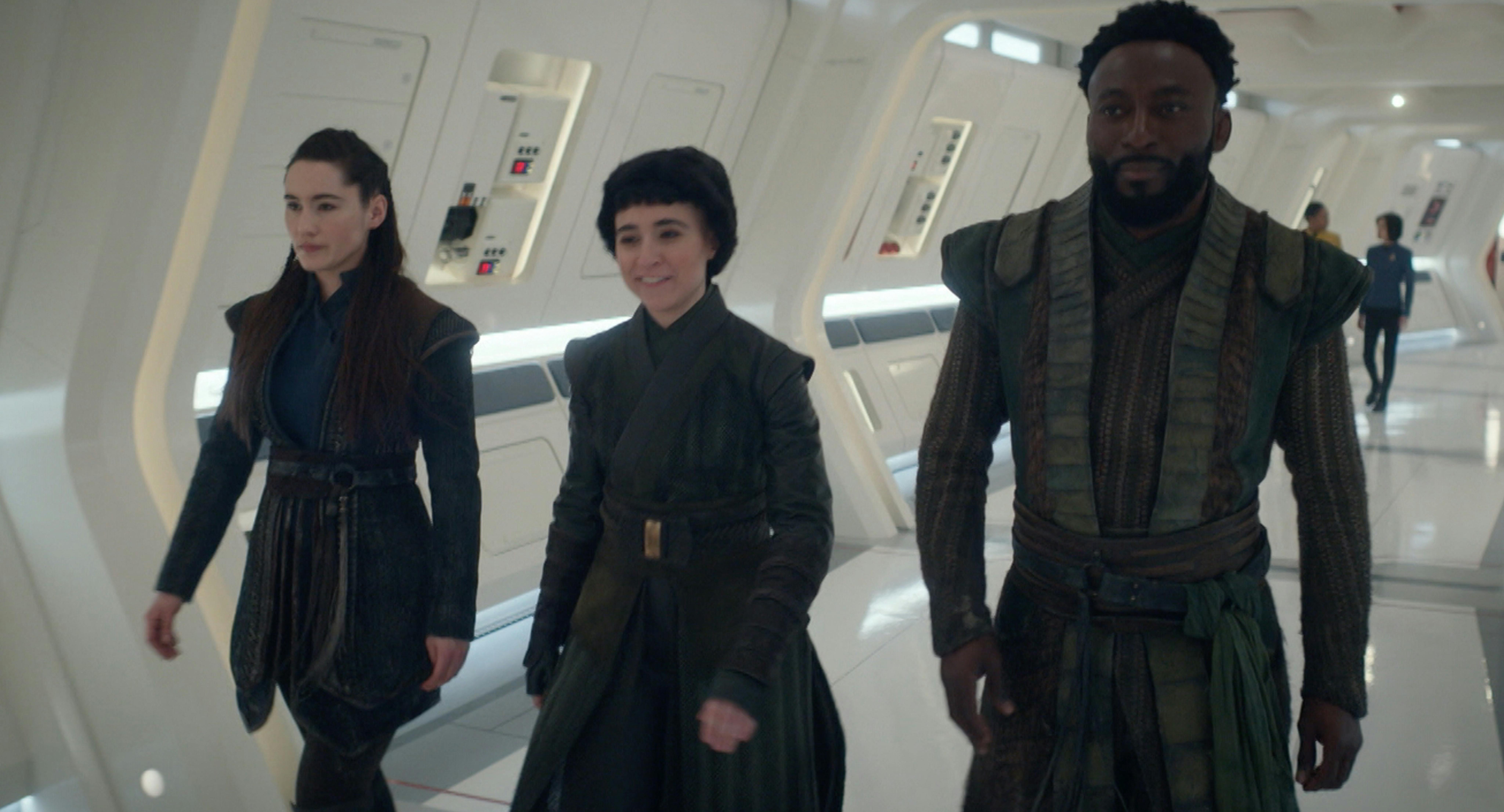Still of La'an, Ortegas, and M'Benga walking down the hall in Star Trek: Strange New Worlds Season 2 teaser