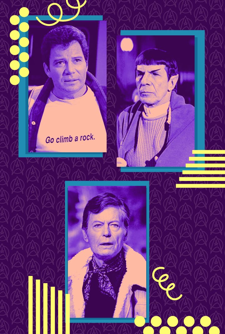 Filtered triptych of Kirk, McCoy, and Spock in Star Trek V: The Final Frontier