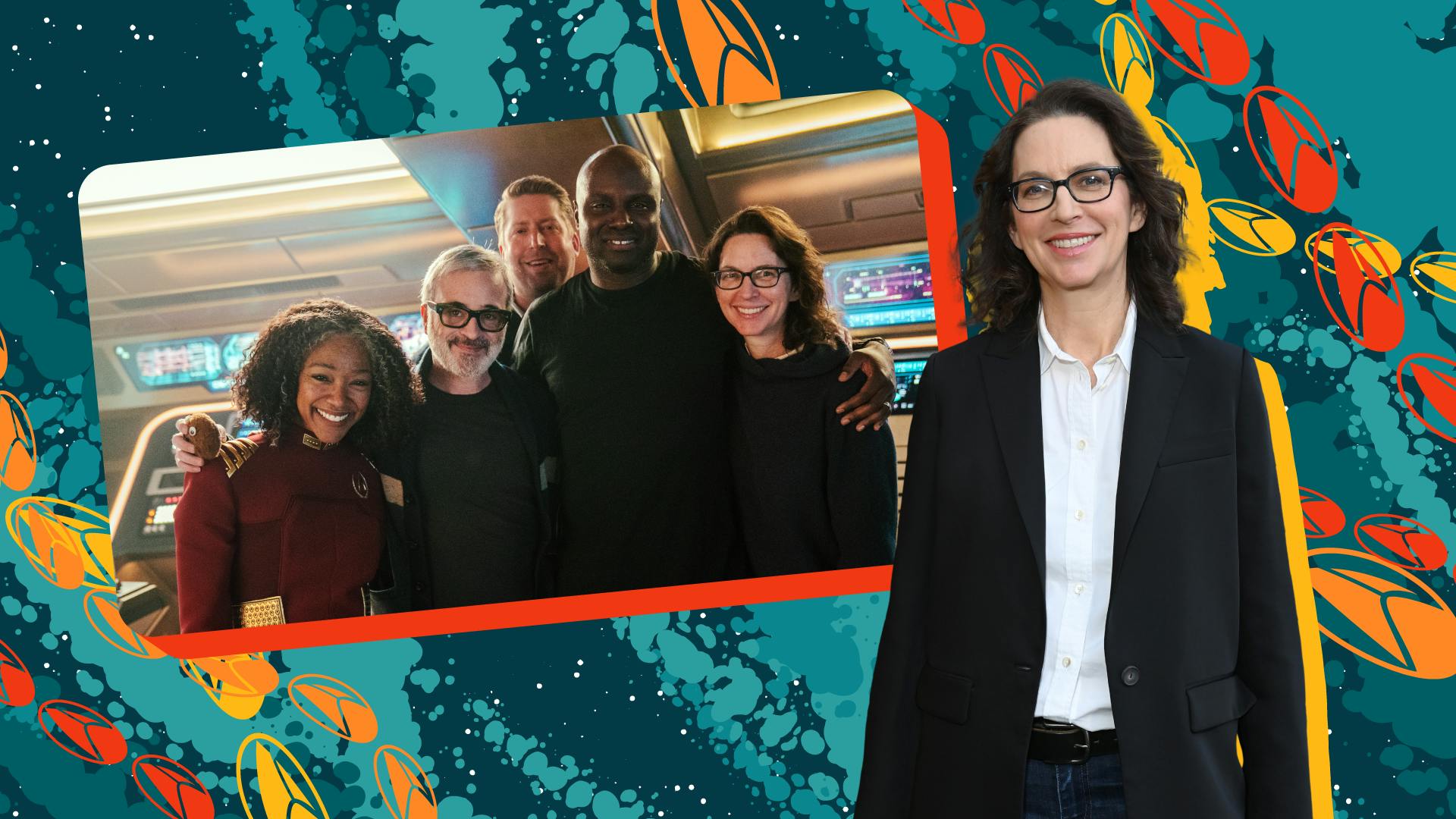 Collage of Michelle Paradise along with a behind-the-scenes Star Trek: Discovery photo of Alex Kurtzman, Aaron Baeirs, Olatunde Osunsanmi, and Michelle Paradise with Sonequa Martin Green
