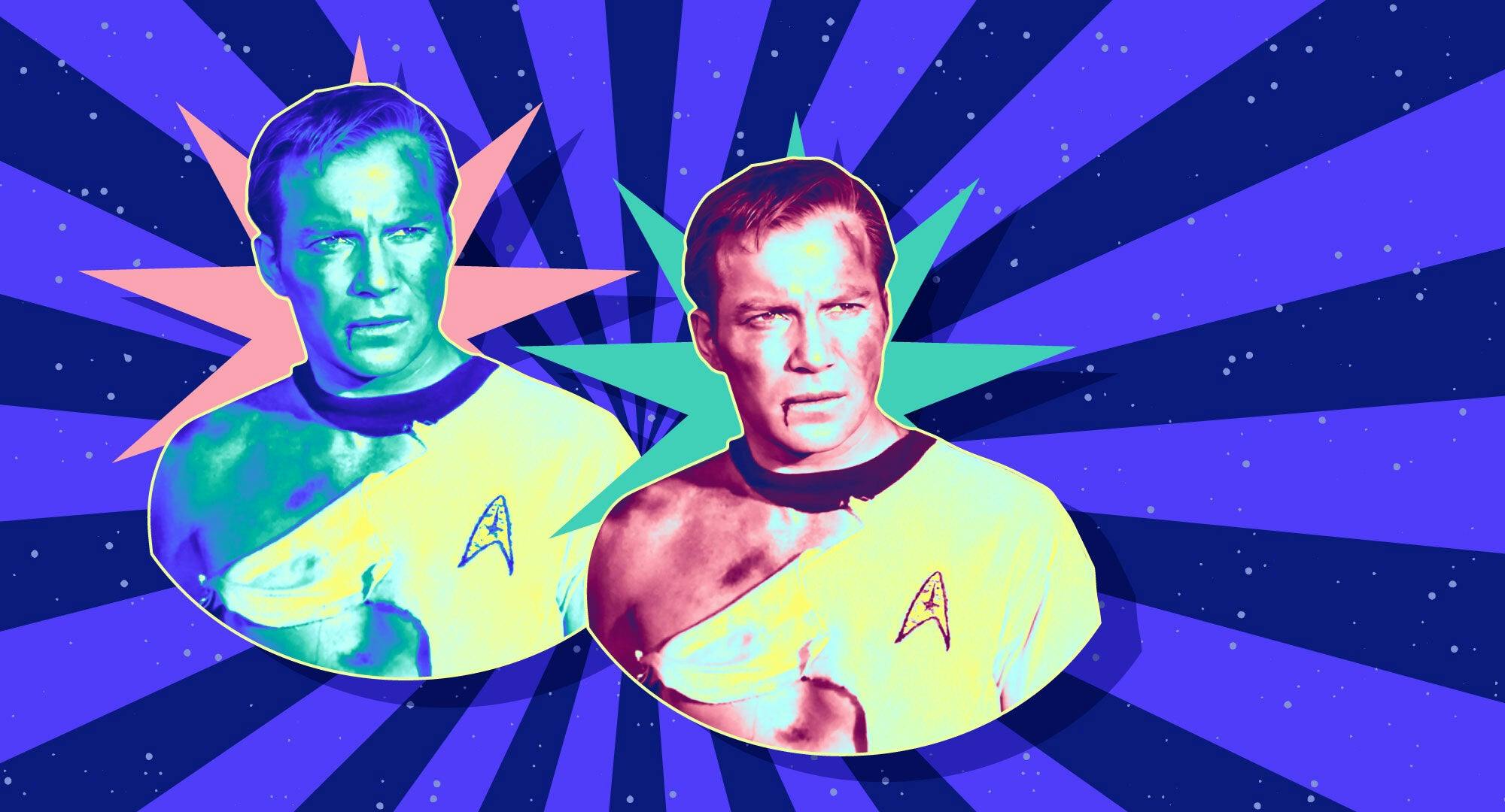 Illustrated banner featuring a bruised James T. Kirk with his shirt ripped
