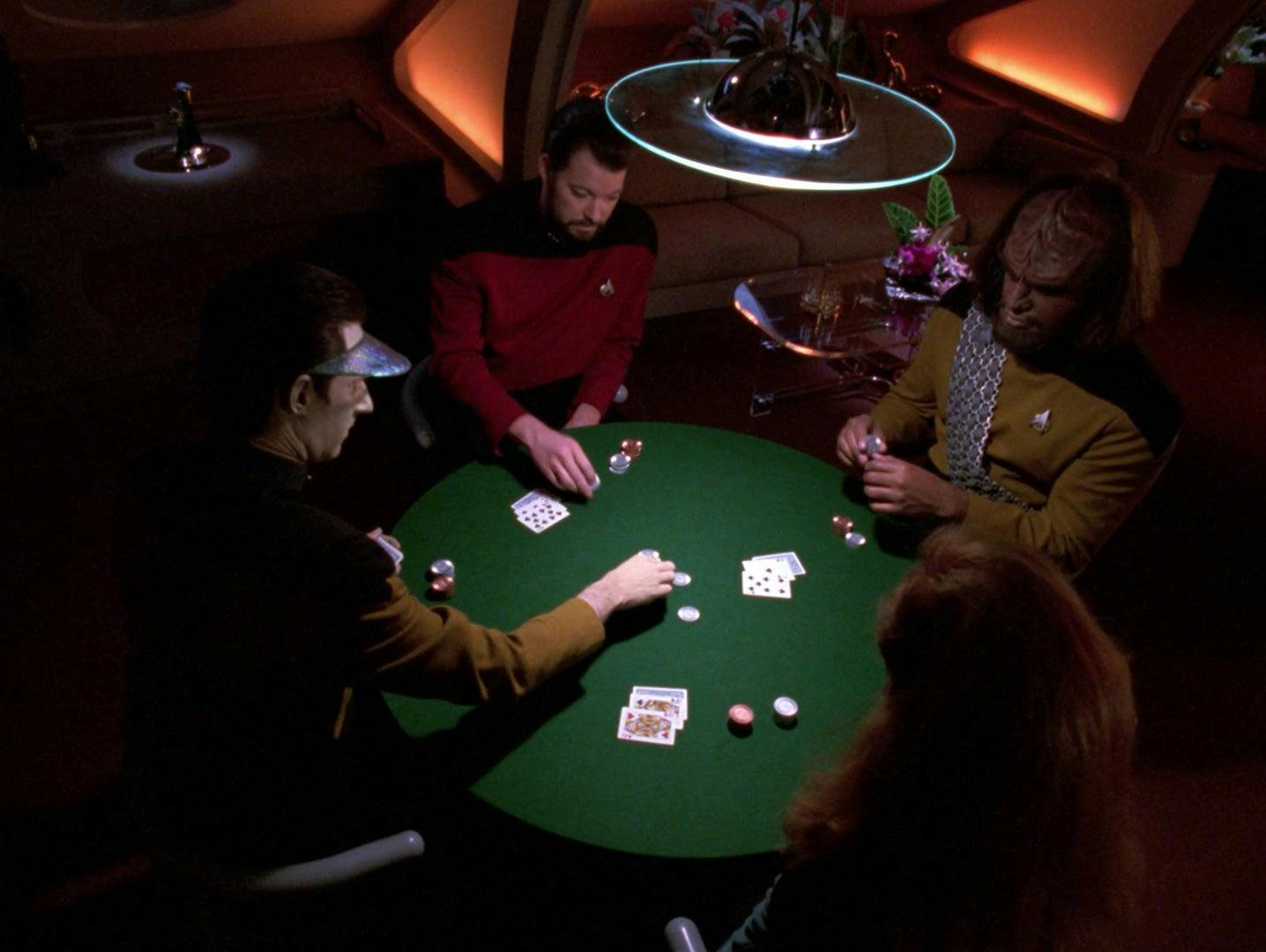 Data, Riker, Worf, and Crusher play poker in crew quarters in 'Cause and Effect'