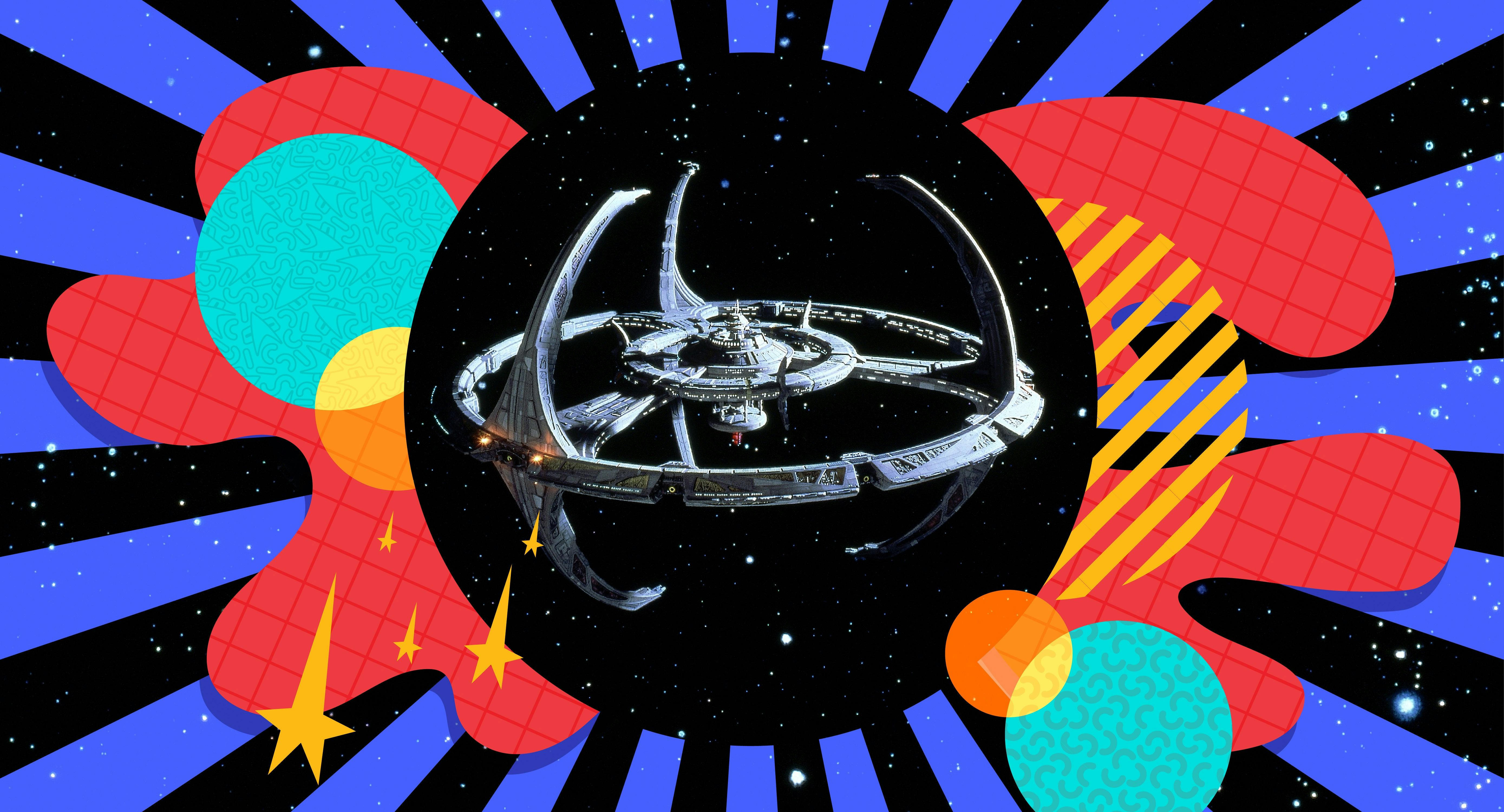 Illustrated banner showcasing Deep Space 9 (formerly Terok Nor) space station surrounded by bold colors and shapes