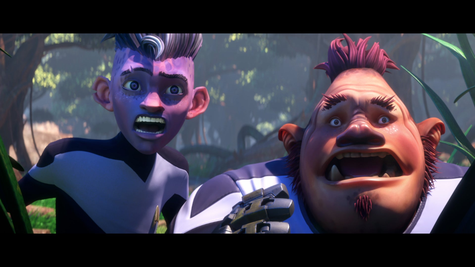 Star Trek: Prodigy still of Dal and Jankom screaming in shock and terror