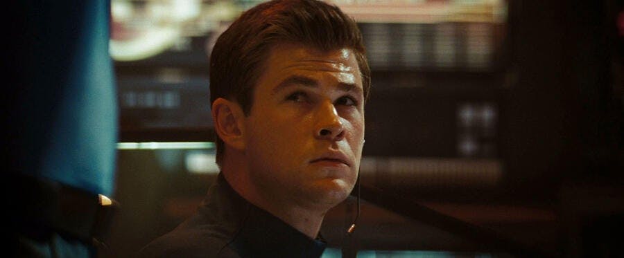 George Kirk looks over his shoulder at Captain Robau in Star Trek (2009)
