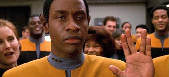 Tuvok gives the Vulcan salute on Star Trek: Voyager