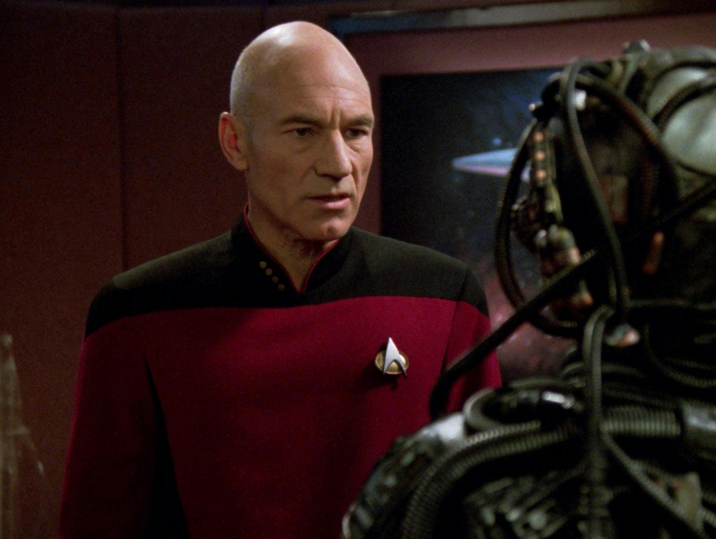 Picard faces the Borg drone Hugh with contempt in his Ready Room in 'I, Borg'