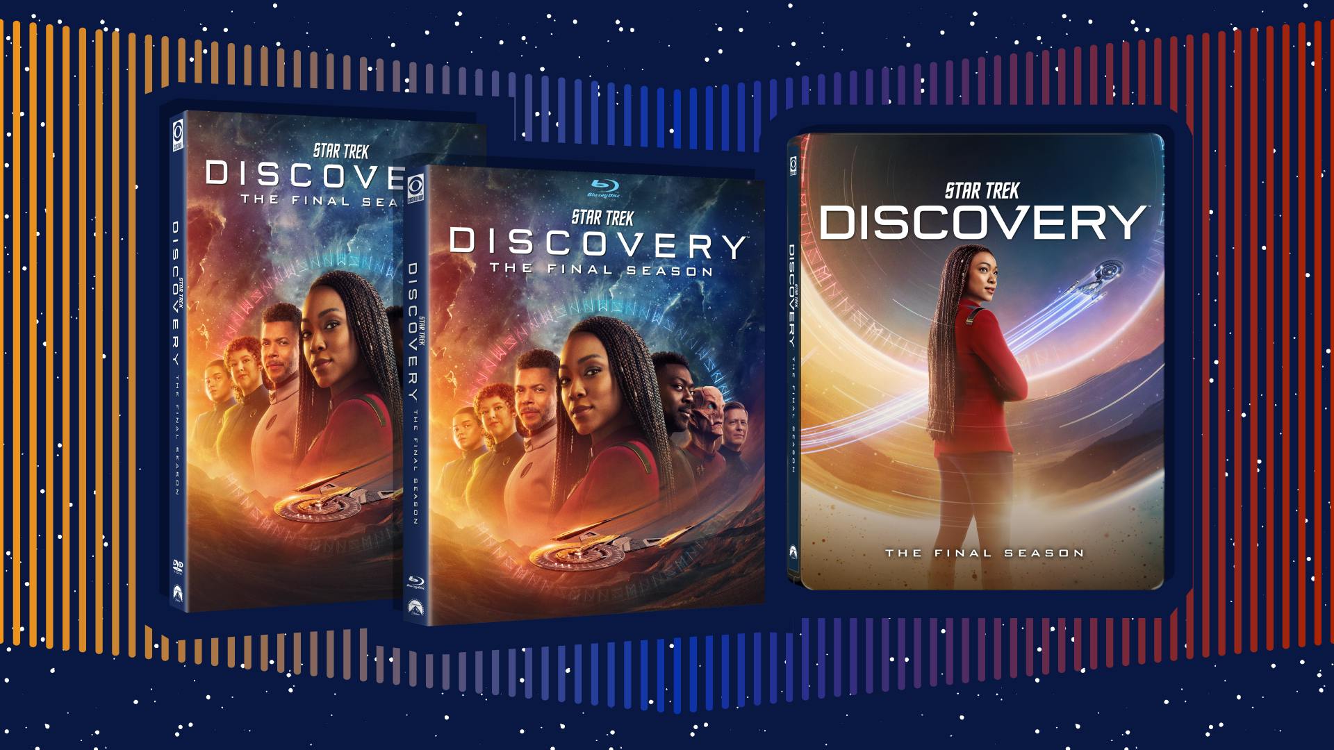 Packshots of Star Trek: Discovery - The Final Season in Blu-ray, DVD, and Limited Edition Steelbook