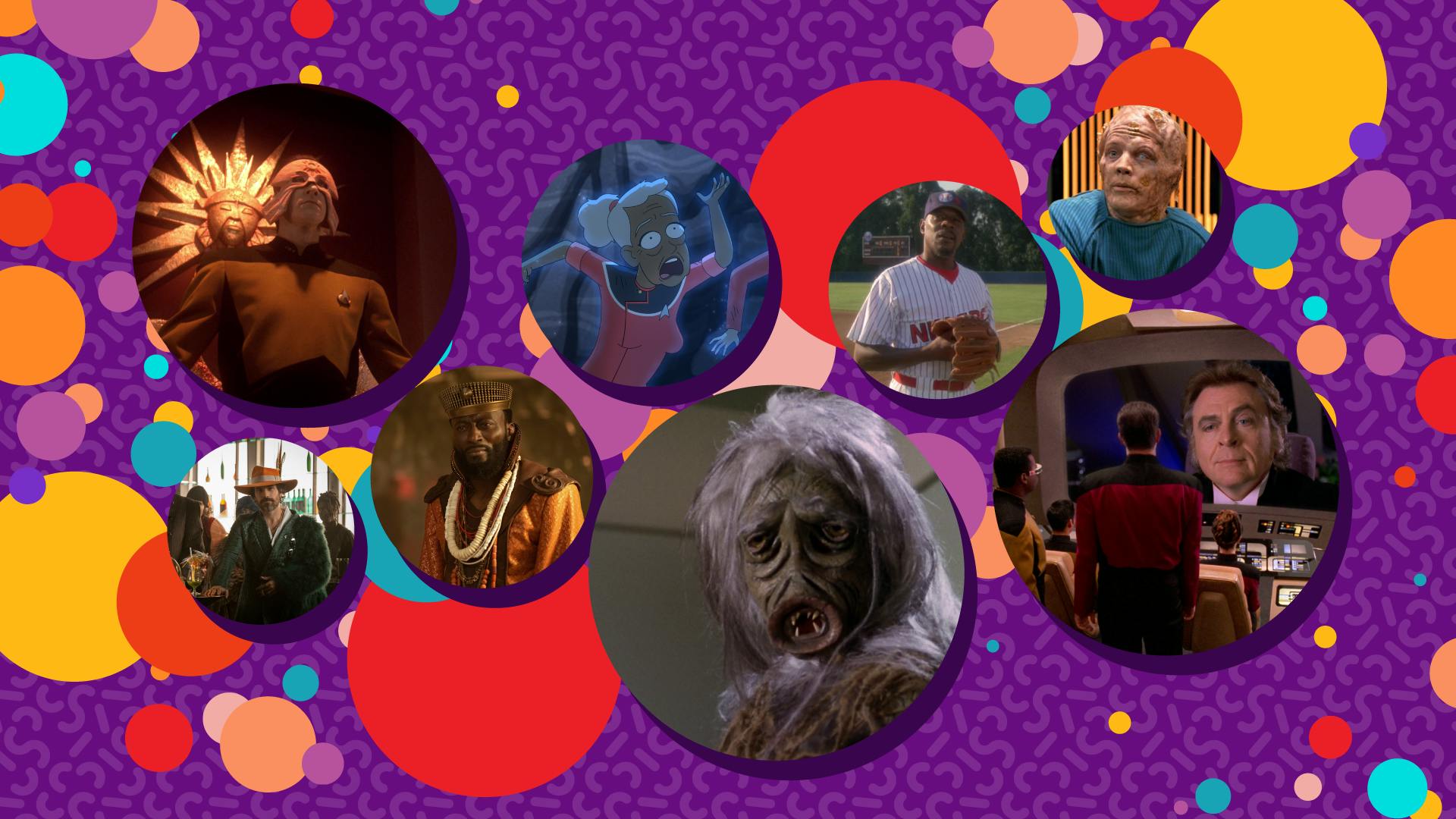 Combination of illustrated circles of varying sizes like confetti and episodic stills including the Salt Vampire, Sisko in his Niners baseball uniform, Moriarty on the Enterprise viewscreen, an aging Mariner as she crosses a barrier in a cave, Data wearing the mask of an ancient civilization, Cristobal's disguise which requires a large hat with a feather, and Dr. M'Benga transported into the regal Elysian Kingdom