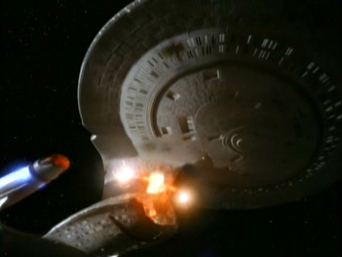 Following a run-in with a Jem'Hadar fighter, the U.S.S. Odyssey explodes in 'The Jem'Hadar'