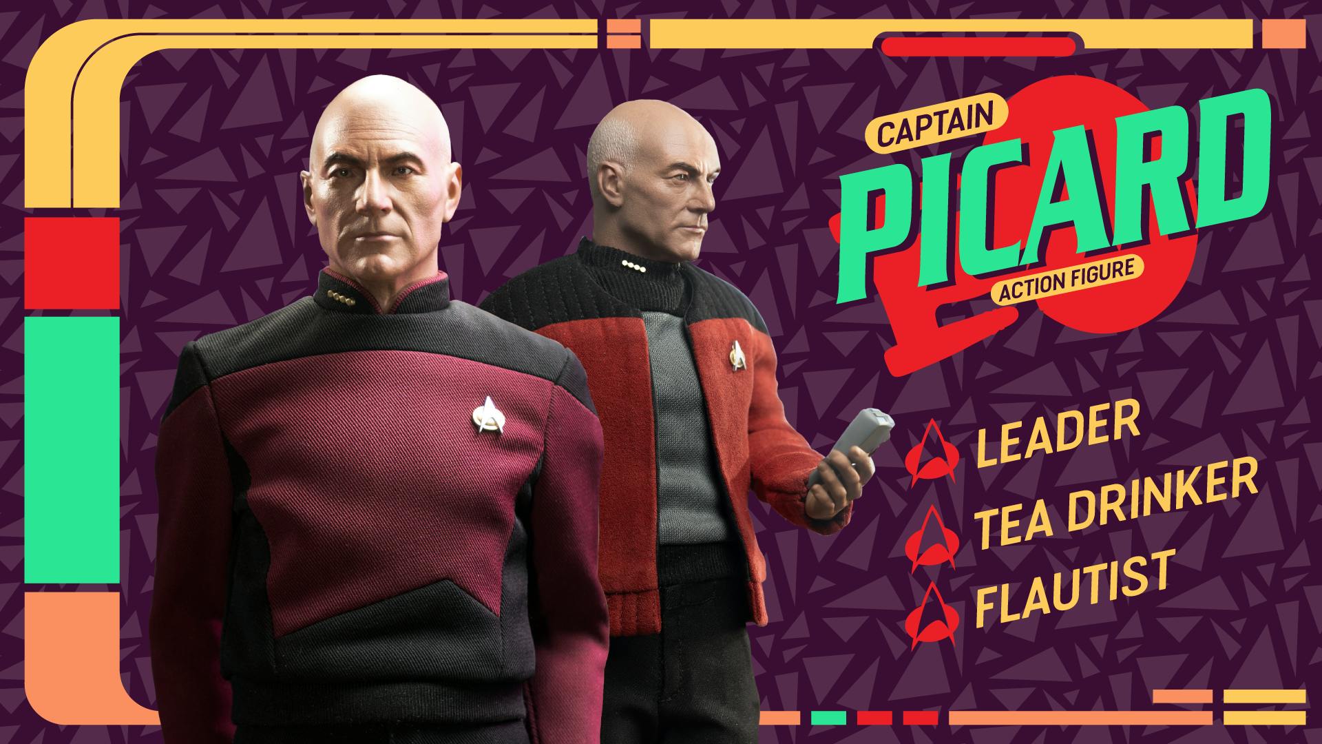 Illustrated LCARs banner of an EXO-6 Next Generation Picard collectible figure with the text 'Captain Picard action figure,' 'leader,' 'tea drinker,' and 'flautist'
