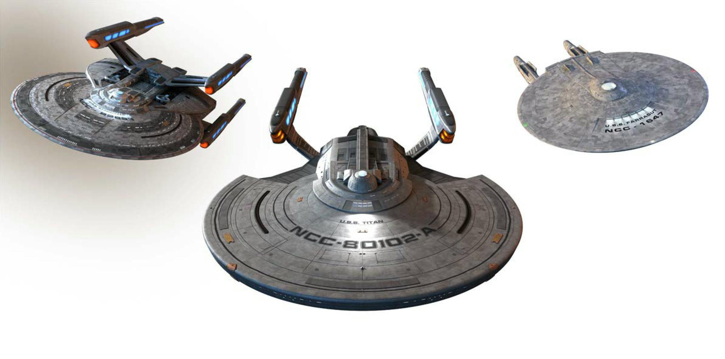 Fanhome rendering of starship models of the U.S.S. Stargazer NCC-82893, U.S.S. Titan NCC-80201-A, and U.S.S. Farragut NCC-1647