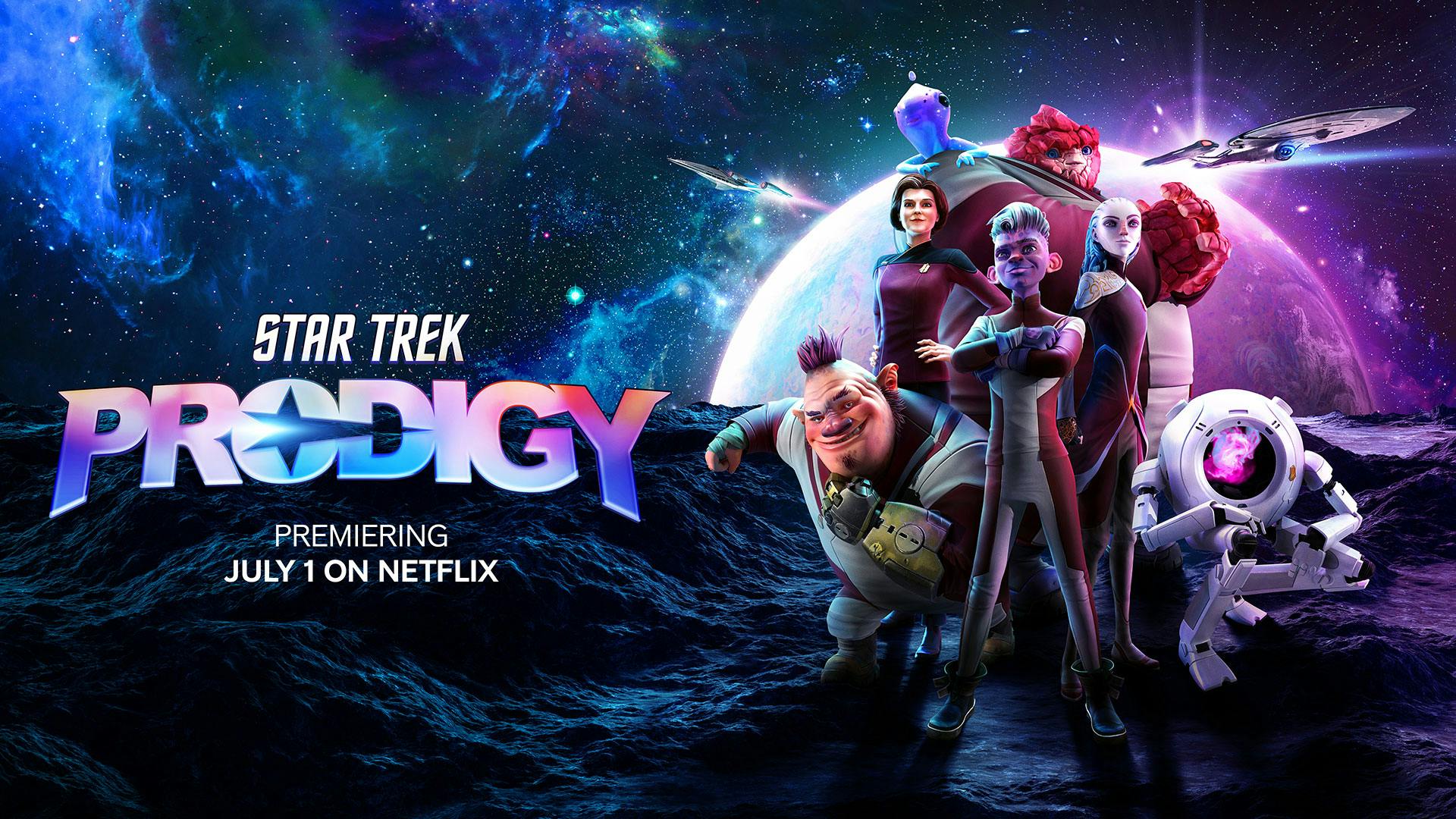Season 2 Star Trek: Prodigy key art with Jankom Pog, Admiral Janeway, Murf, Rok-Tahk, Gwyn, and Zero crowded together on the surface of a planet