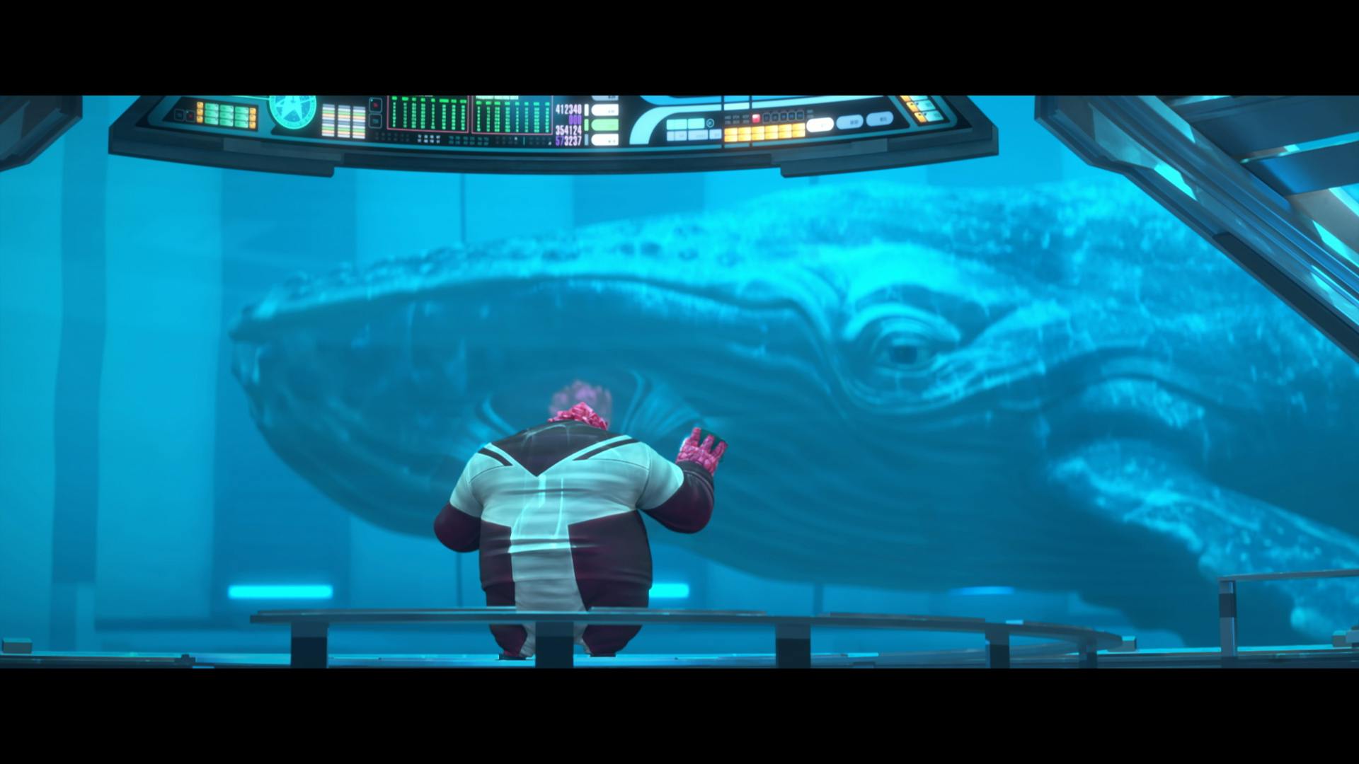 In Cetacean Ops, Rok-Tahk stands in front of the tank as she stares at the head of a large humpback whale in 'Observer's Paradox'