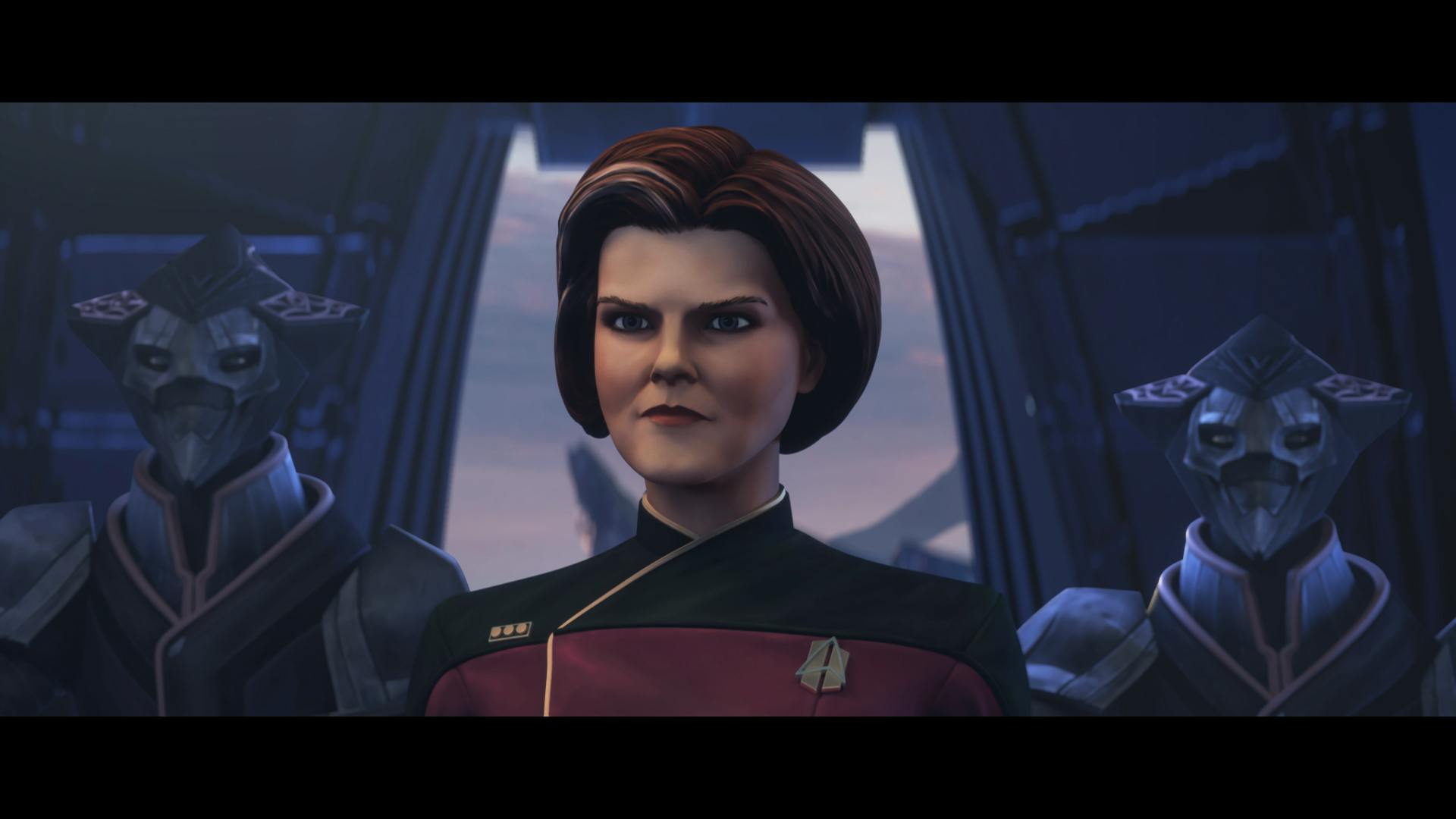 On Solum, Admiral Janeway is flanked by two Vau N'Akat guards in 'Touch of Grey'