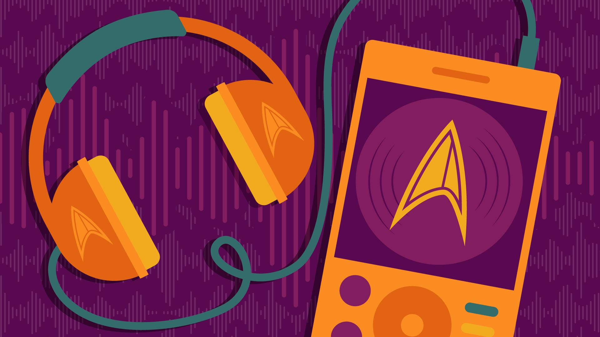 Illustration of headphones attached to a music player, both adorned with Star Trek deltas