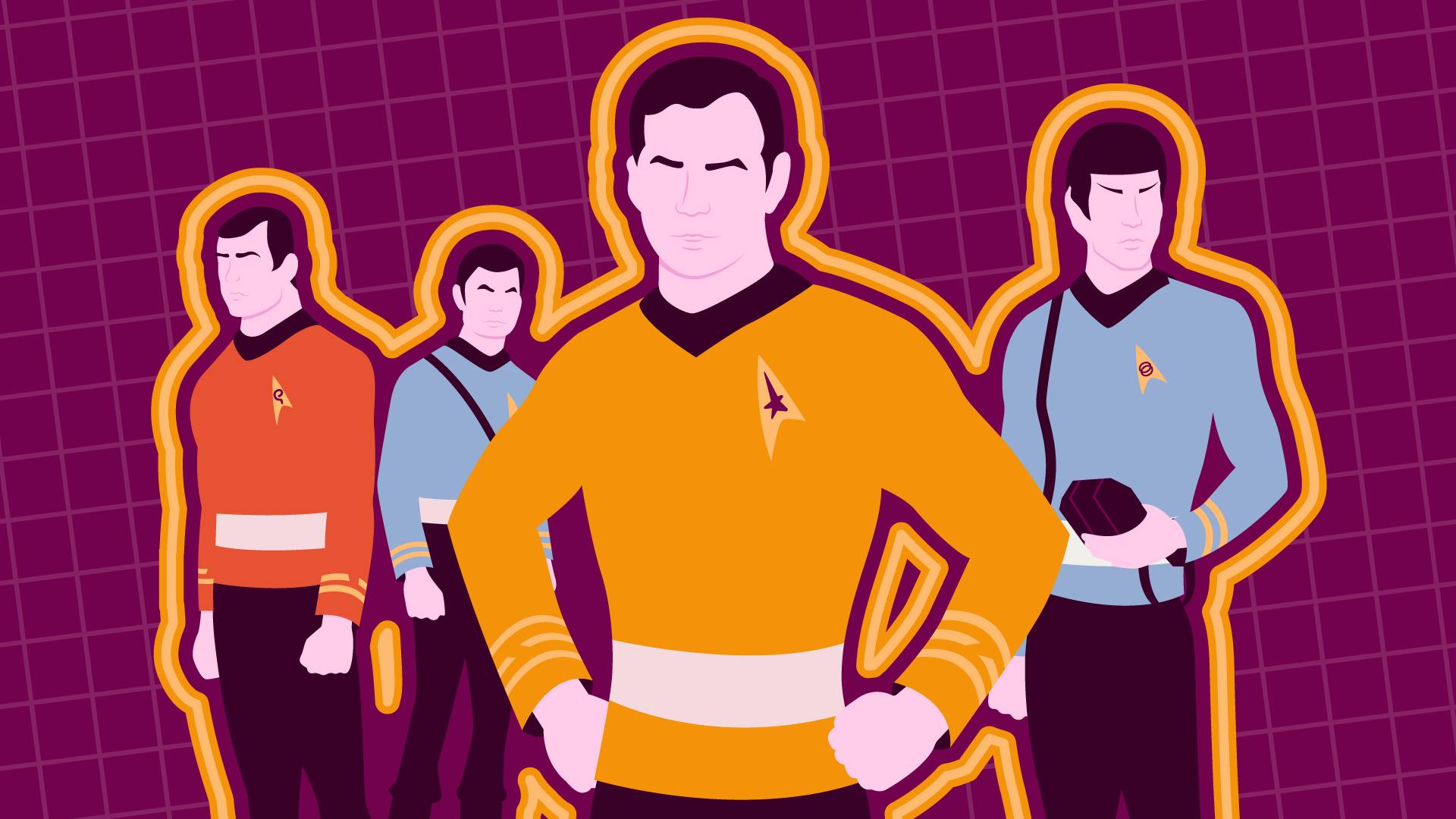 Graphic illustration of Captain Kirk with his fists on his hips and Scotty, McCoy, and Spock holding his tricorder behind him