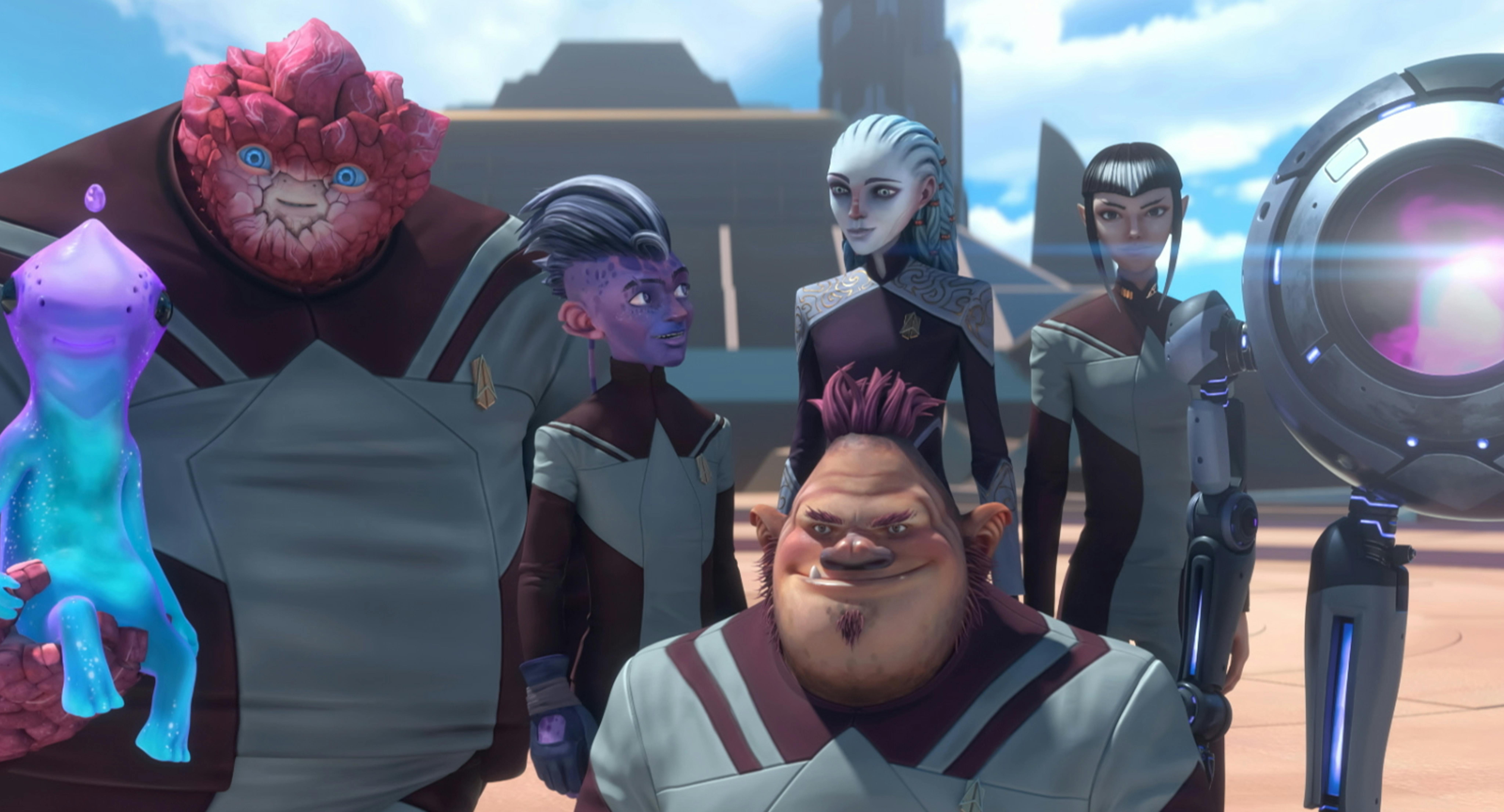 Star Trek: Prodigy Season 2 header - Murf, Rok-Tahk, Dal, Gwyn, Jankom Pog, Maj'El, and Zero stand together in front of Starfleet Academy