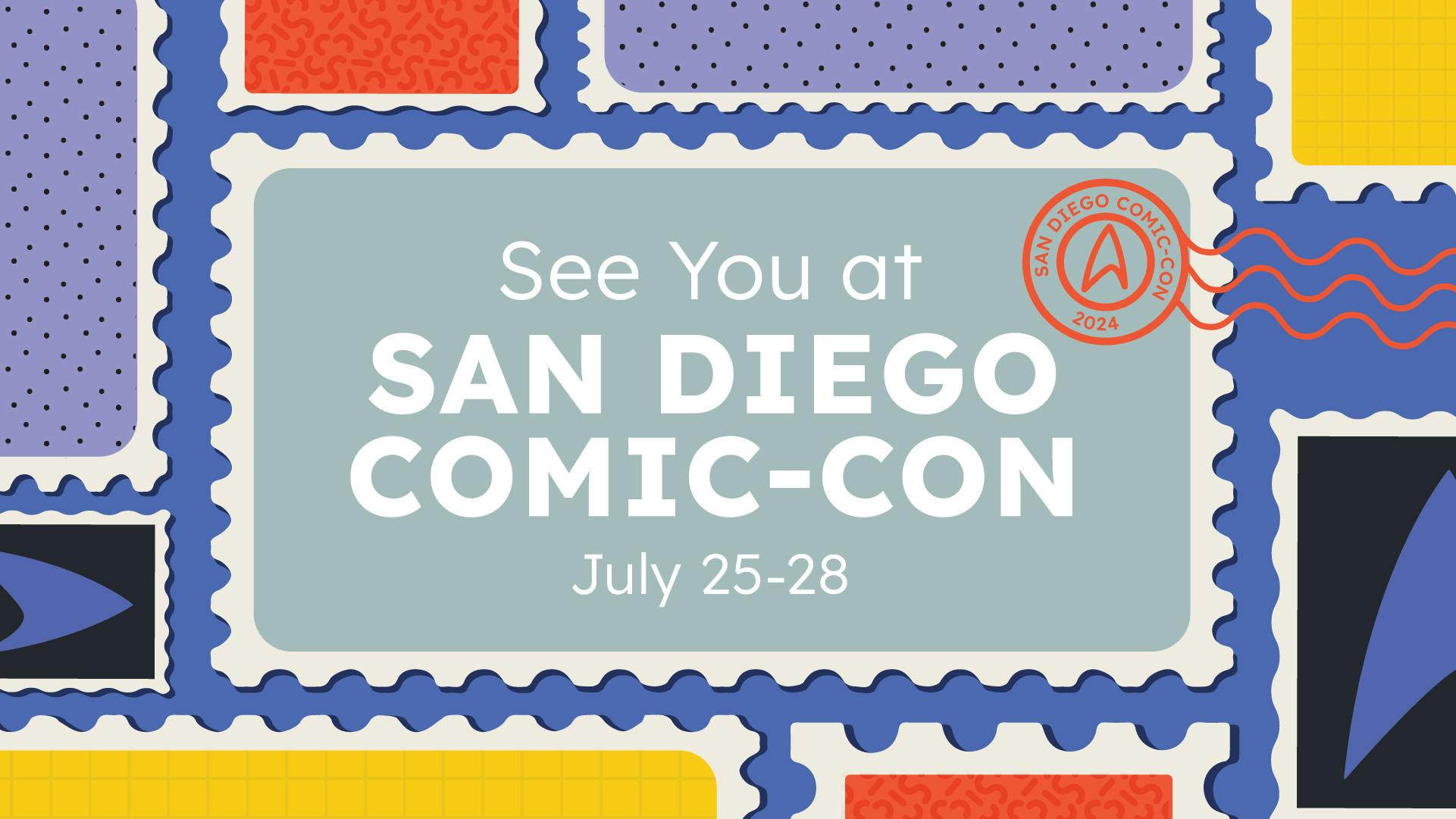 series of colorful stamp illustrations with a larger postcard-style stamp with 'See You at San Diego Comic-Con, July 25-28' in the middle 